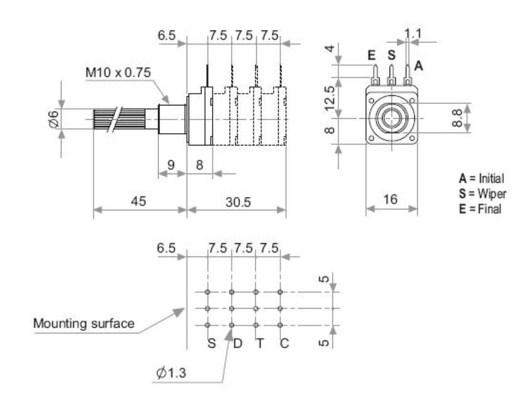 Ein technisches Schaltbild eines Drehgebers. Abmessungen und Komponentenbeschriftungen werden angezeigt, einschließlich Wellendurchmesser, Befestigungslöcher und Steckkonfiguration.