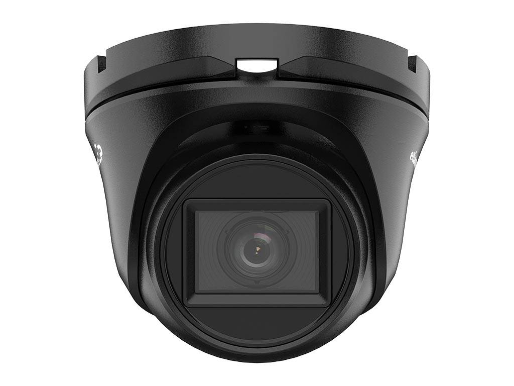 Eine schwarze Kuppel-Sicherheitskamera mit sichtbarem Objektiv ist auf einer Basis montiert und blickt nach vorne.