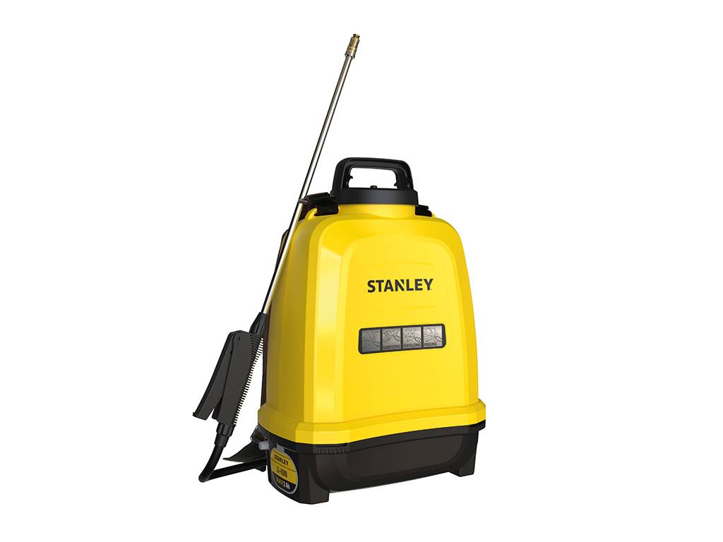 Ein gelber Ruckensprüher mit Griff und Düse, auf der Seite mit dem Markennamen „Stanley