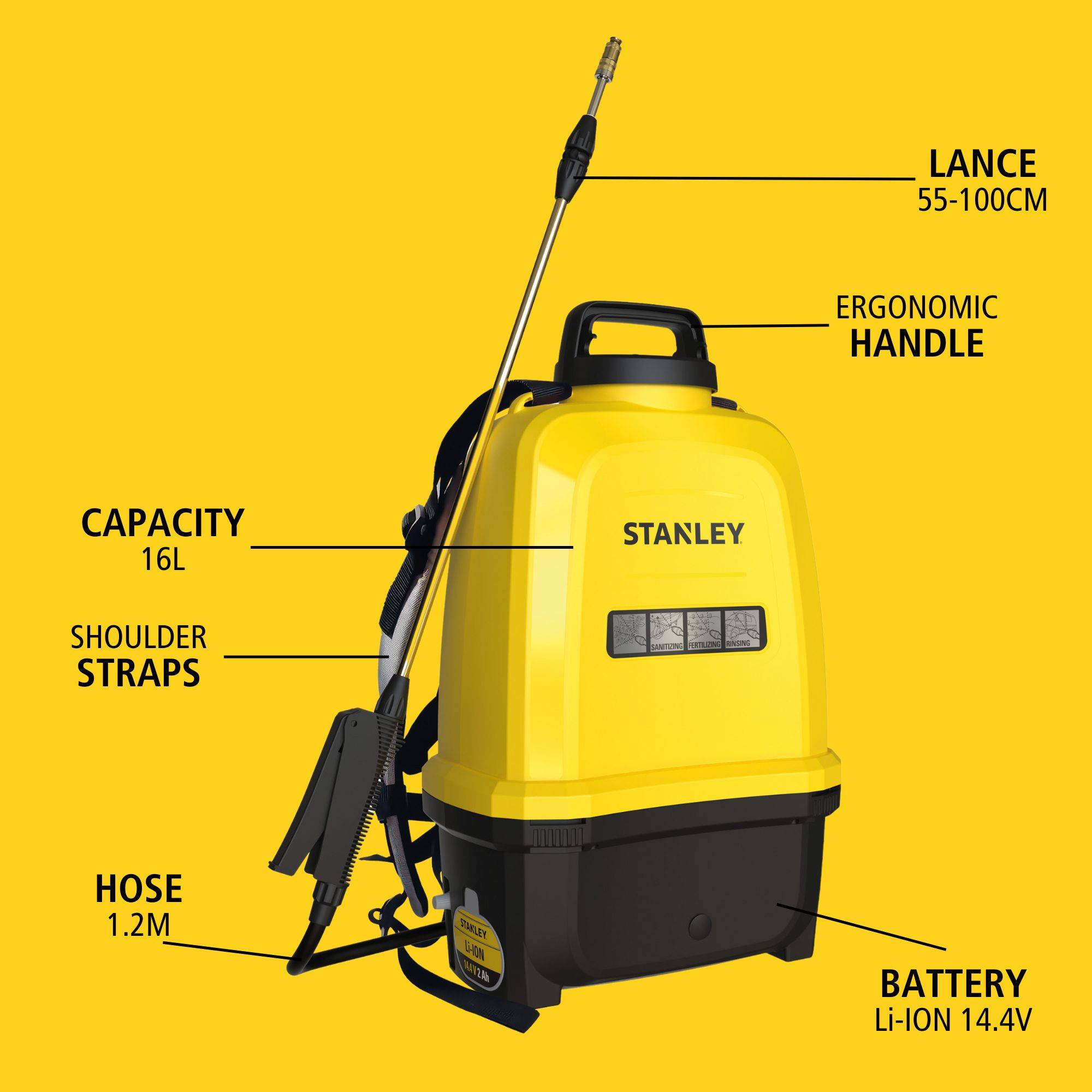 Kommentiertes Bild eines Stanley batteriebetriebenen Ruckensprühgeräts mit 16 L Fassungsvermögen, Schultergurten, 55–100 cm Lanze, ergonomischem Griff, 1,2 m Schlauch und 14,4-V-Lithium-Ionen-Akku.