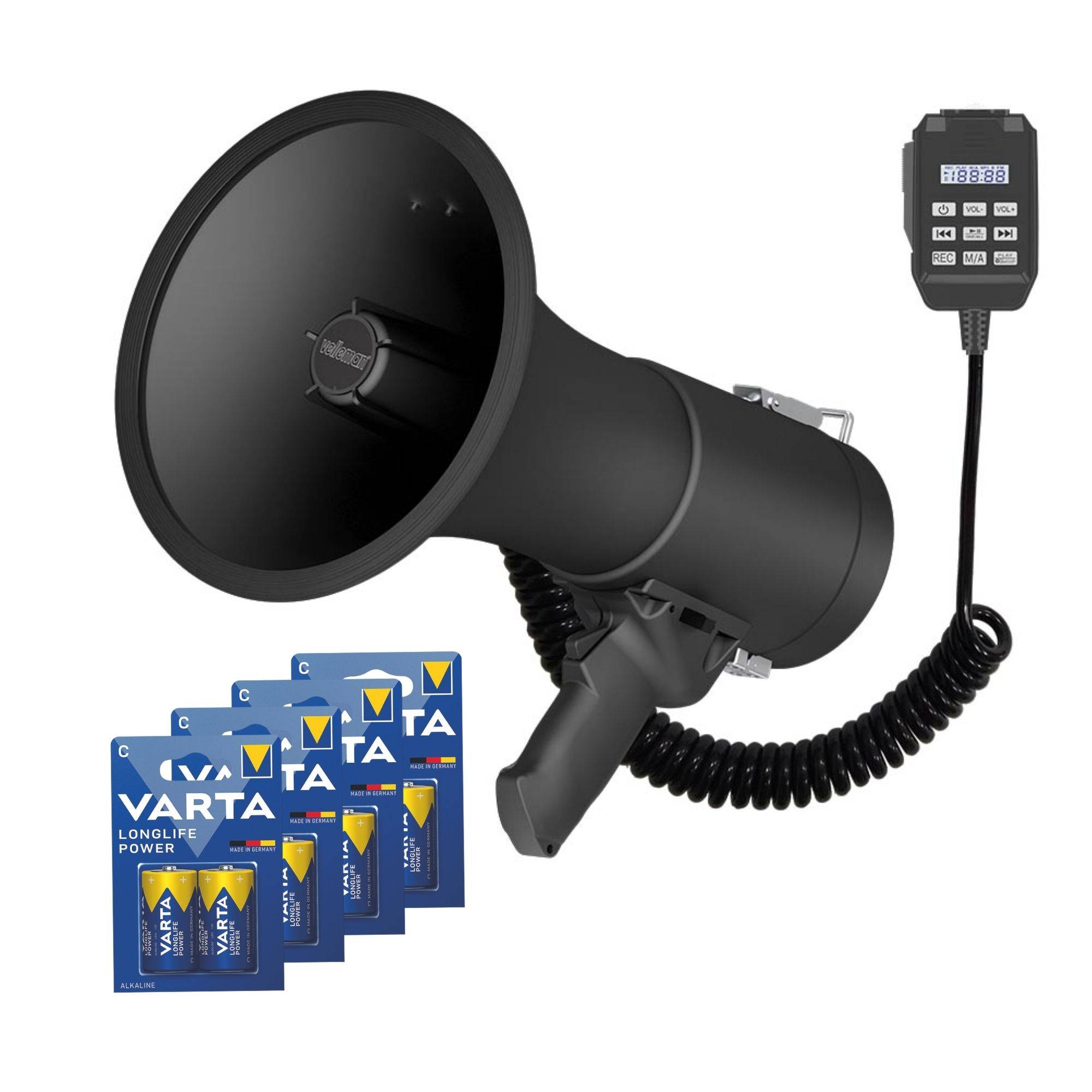 Ein schwarzes Megafon mit abnehmbarem Mikrofon und einem Paket Varta-Batterien daneben.