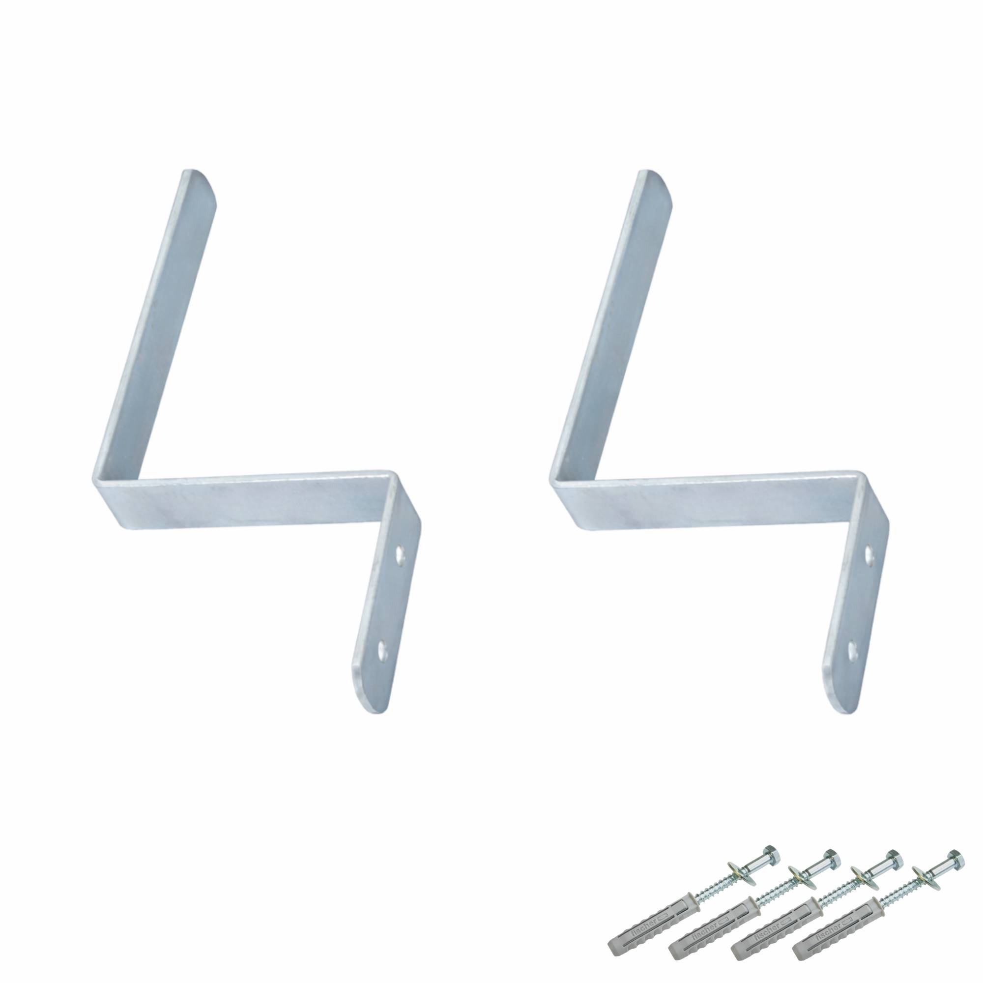 Zwei Metallregalhalter mit Winkeldesign, begleitet von vier Schrauben zur Montage.