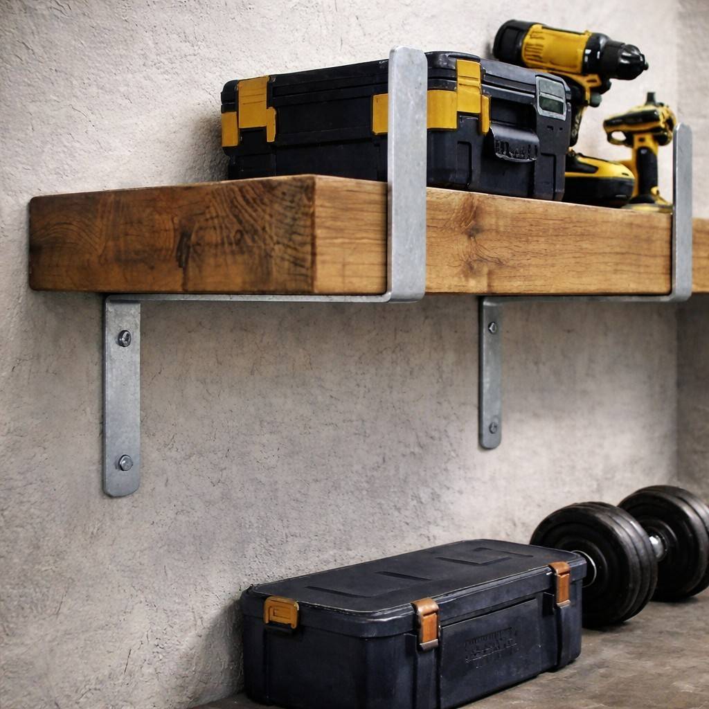 Elektrowerkzeuge und eine Werkzeugkiste auf einem Holzregal, mit einer geschlossenen Werkzeugkiste und Hanteln auf dem Boden. Die Umgebung sieht wie eine Werkstatt aus.