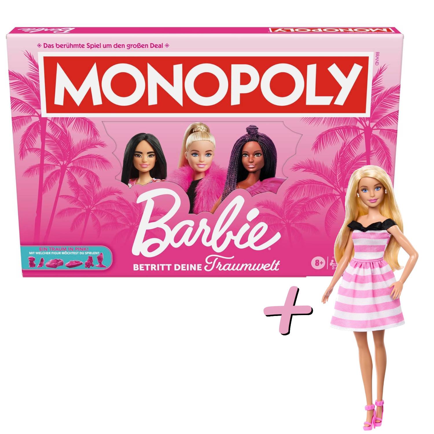 Barbie-Monopoly-Spielebox mit vier Puppen vor Palmen und einer Barbie-Puppe in einem rosa-weißen Kleid.
