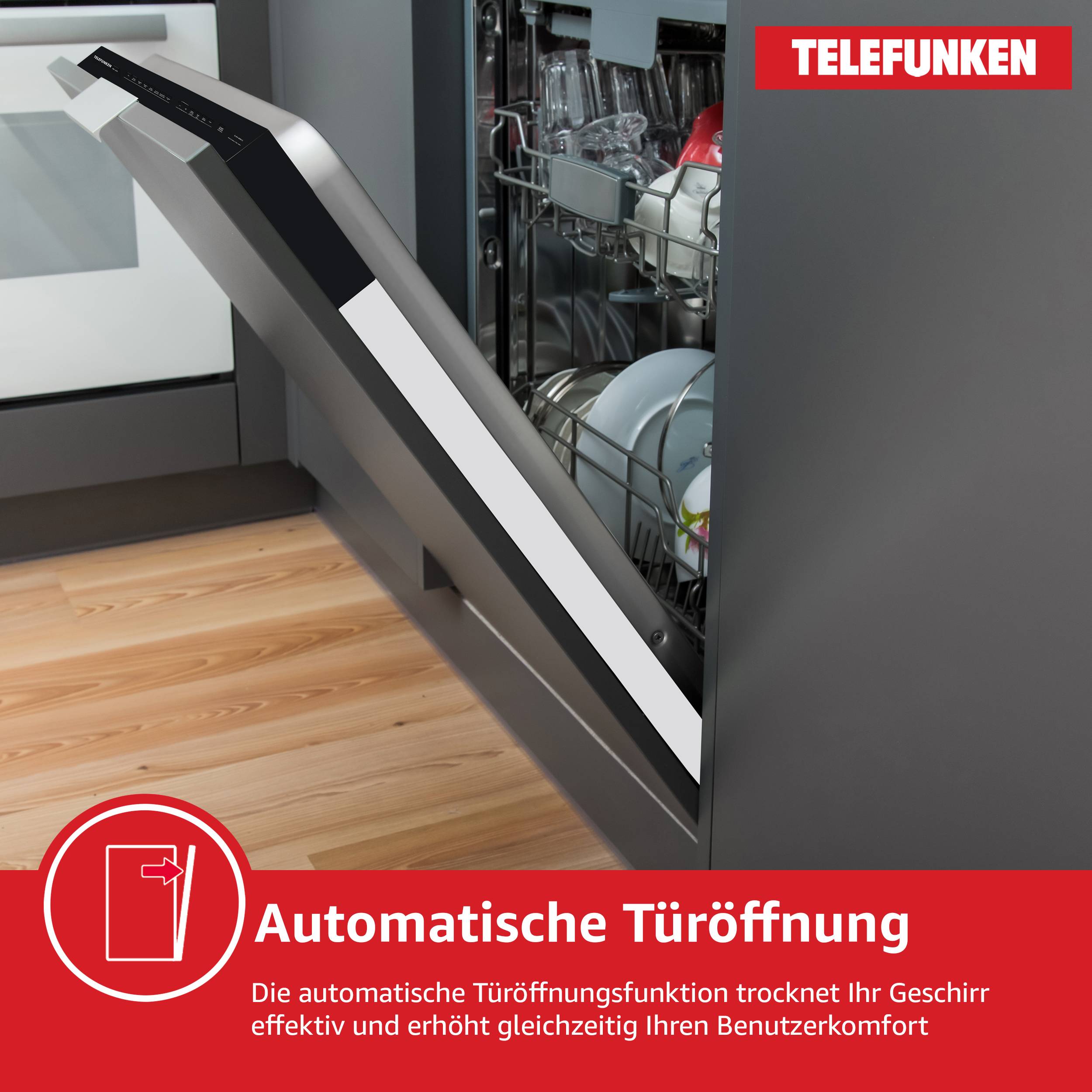 Eine Spülmaschine mit leicht geöffneter Tür zeigt sauberes Geschirr; der Text „Automatische Türöffnung