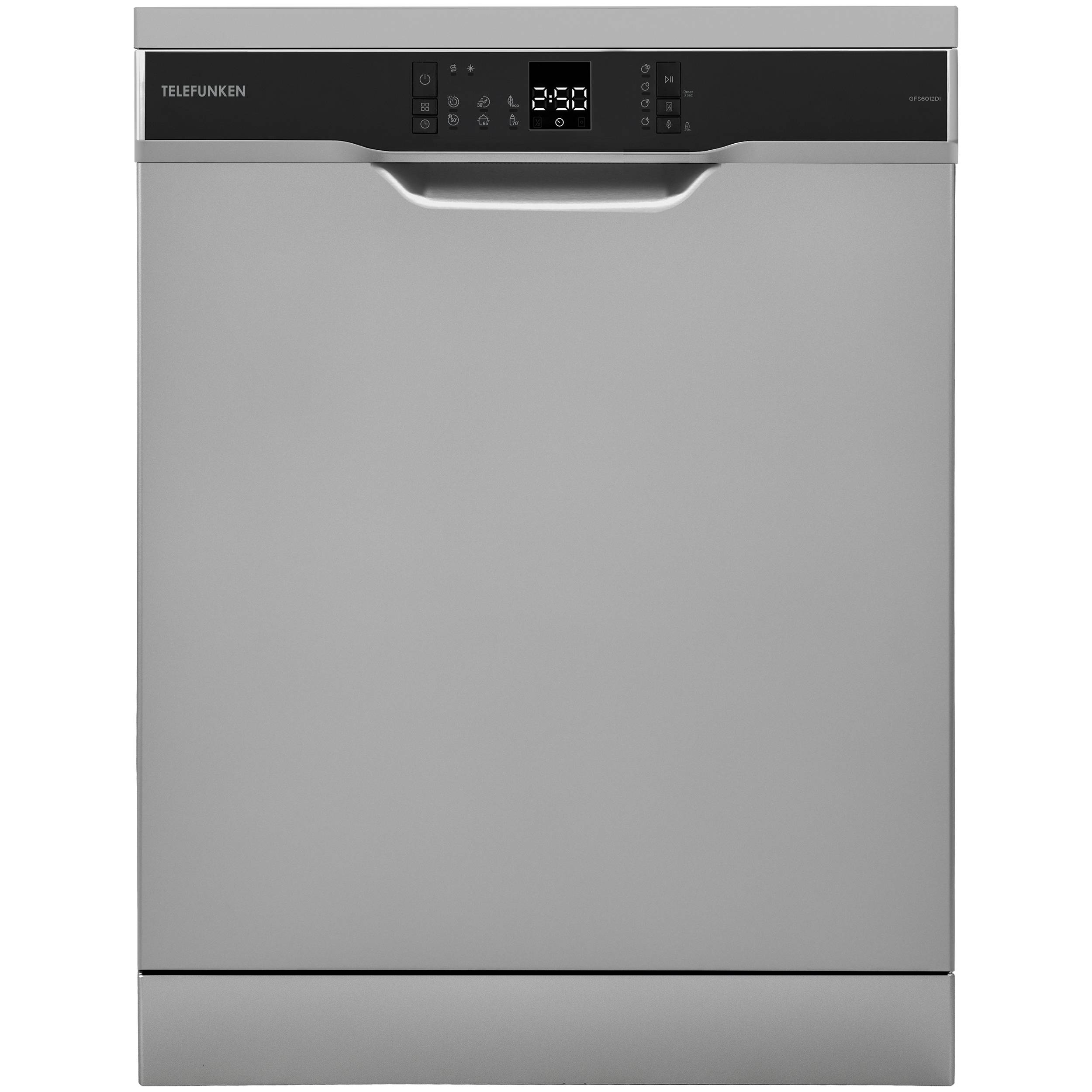Silberner Geschirrspüler mit einer digitalen Anzeige, die „2:50