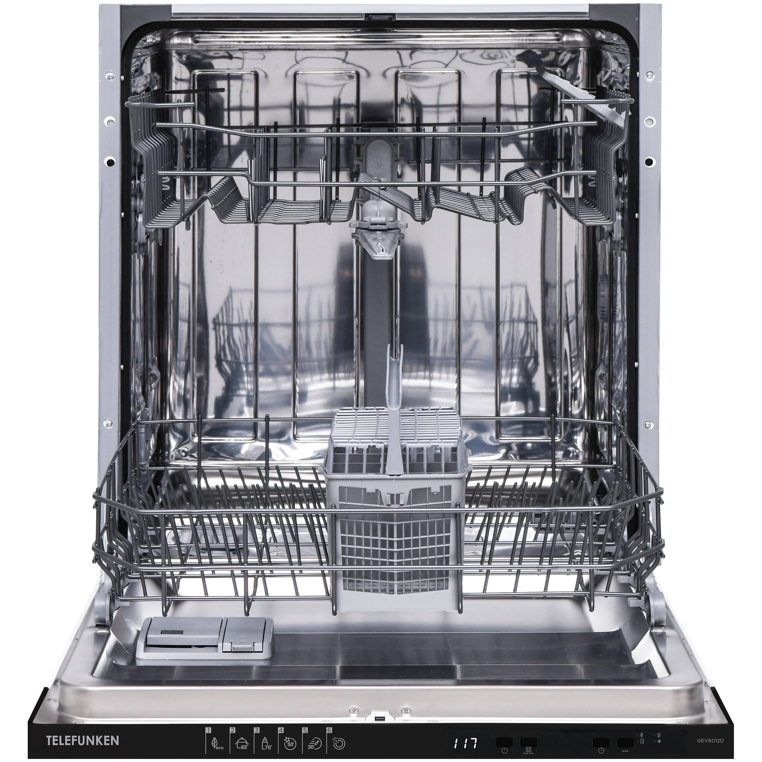 Offene Spülmaschine mit leeren Körben und sichtbaren Bedienelementen auf der unteren Blende, bereit zum Einräumen von Geschirr.