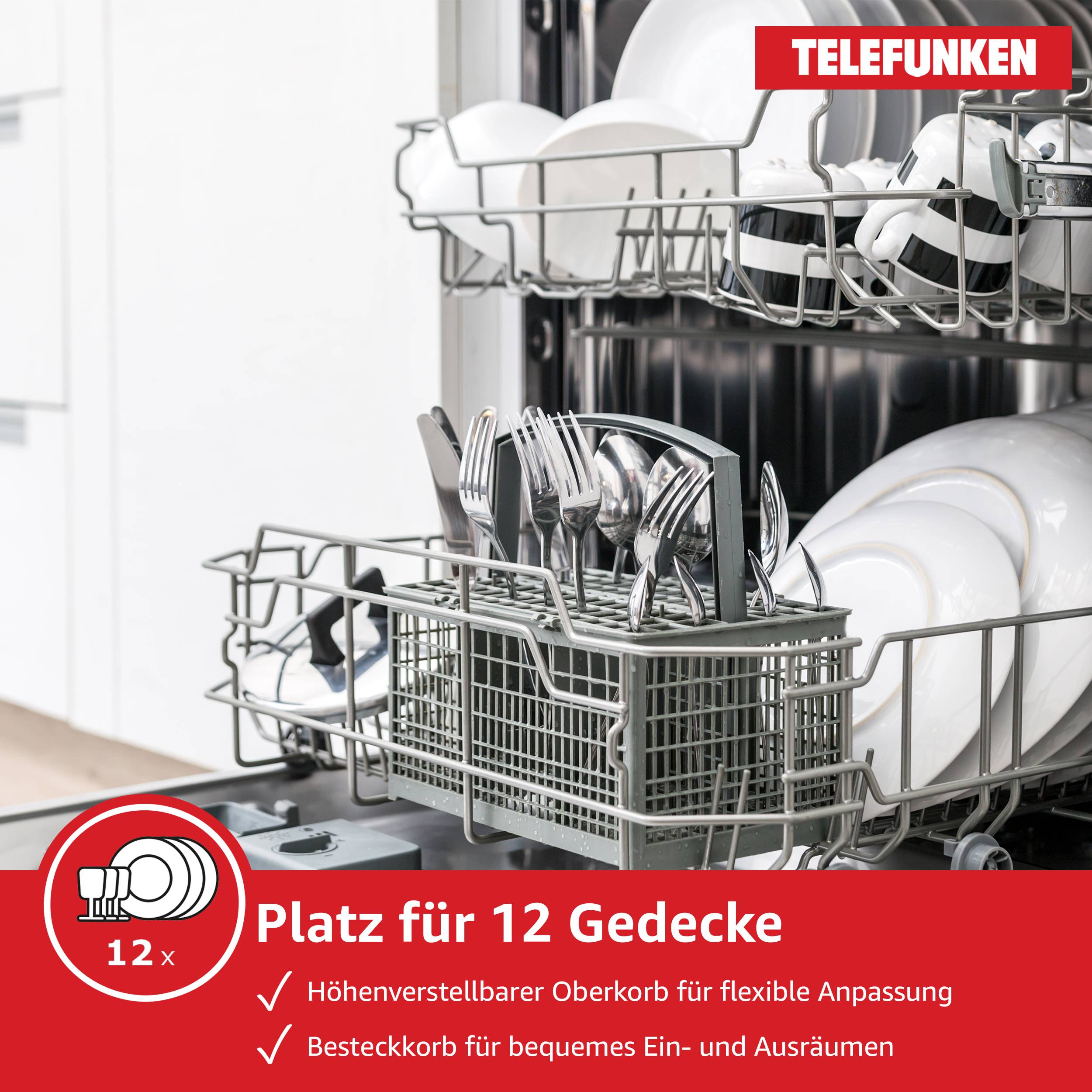 Telefunken Geschirrspüler Unterbau 60 cm, Spülmaschine Silber, 12 Maßgedecke, 6 Programme, AquaStop, 45 dB, GEU6012DI