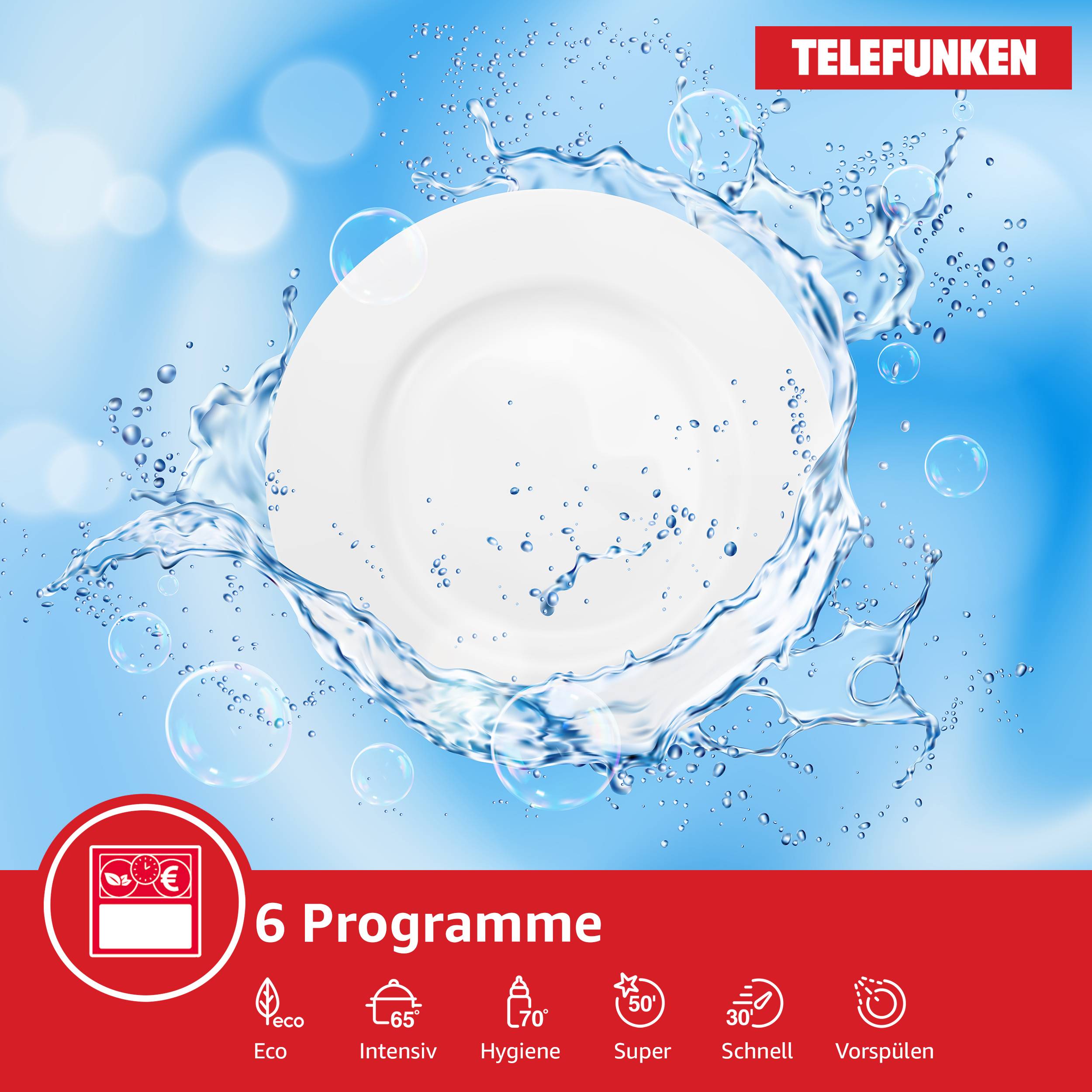 Telefunken Geschirrspüler Unterbau 60 cm, Spülmaschine Silber, 12 Maßgedecke, 6 Programme, AquaStop, 45 dB, GEU6012DI