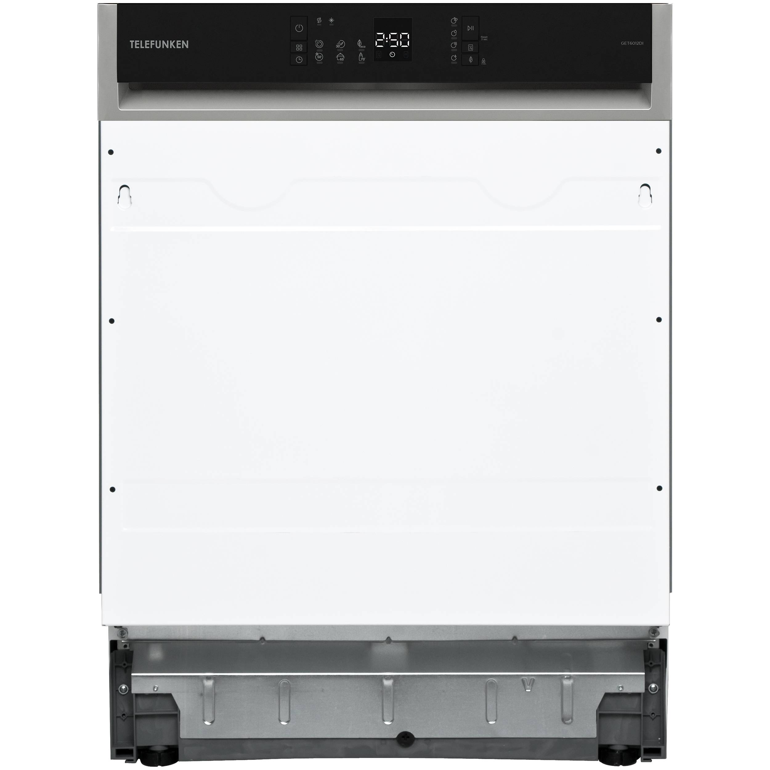 Ein Edelstahlgeschirrspüler mit einer digitalen Anzeige, die „2:50