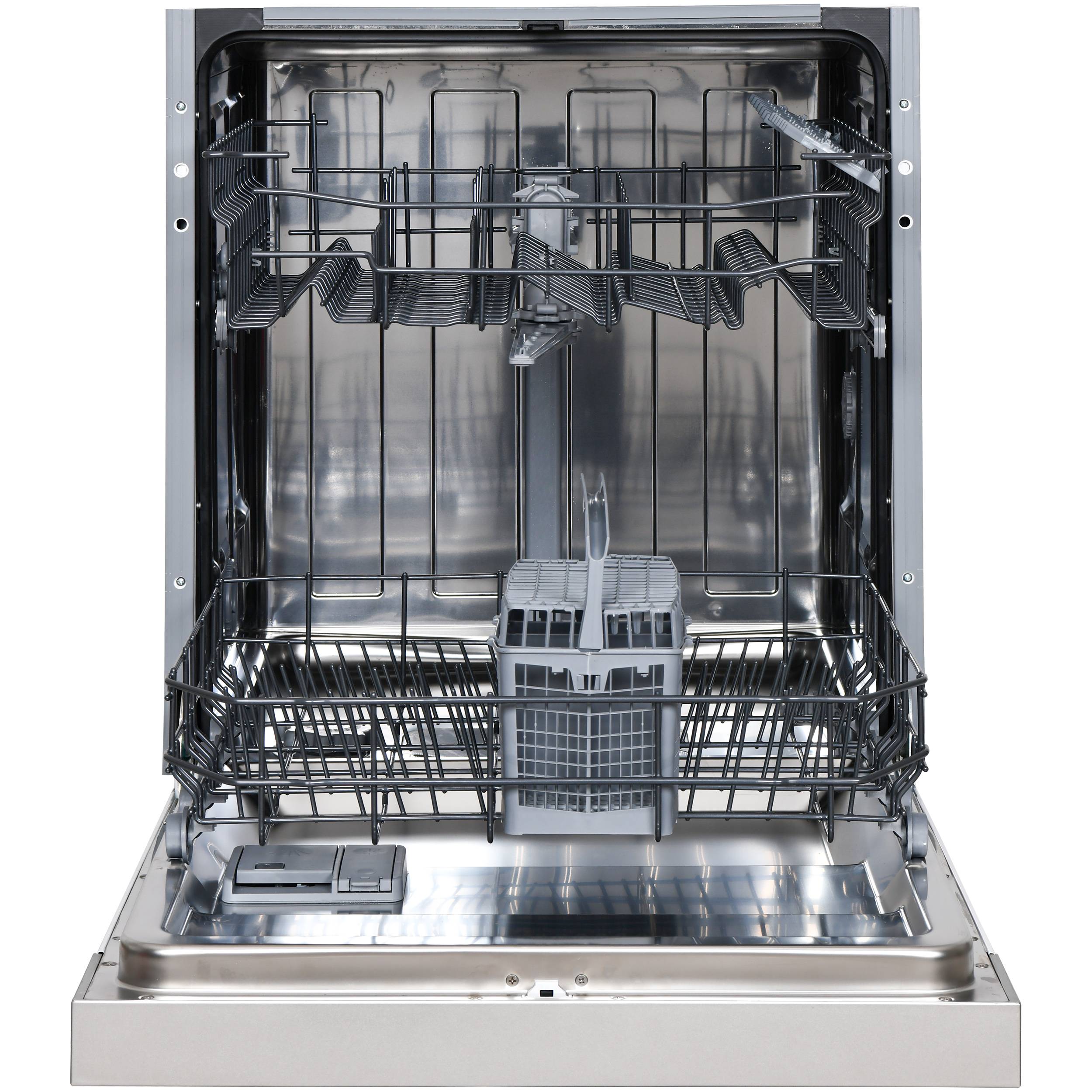 Offene Edelstahl-Spülmaschine mit leeren Körben und einem Besteckkorb, bereit zum Beladen.