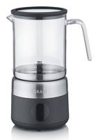 Ein transparenter elektrischer Milchaufschäumer mit Edelstahlbasis und Griff, konzipiert zum Aufschäumen und Erhitzen von Milch.