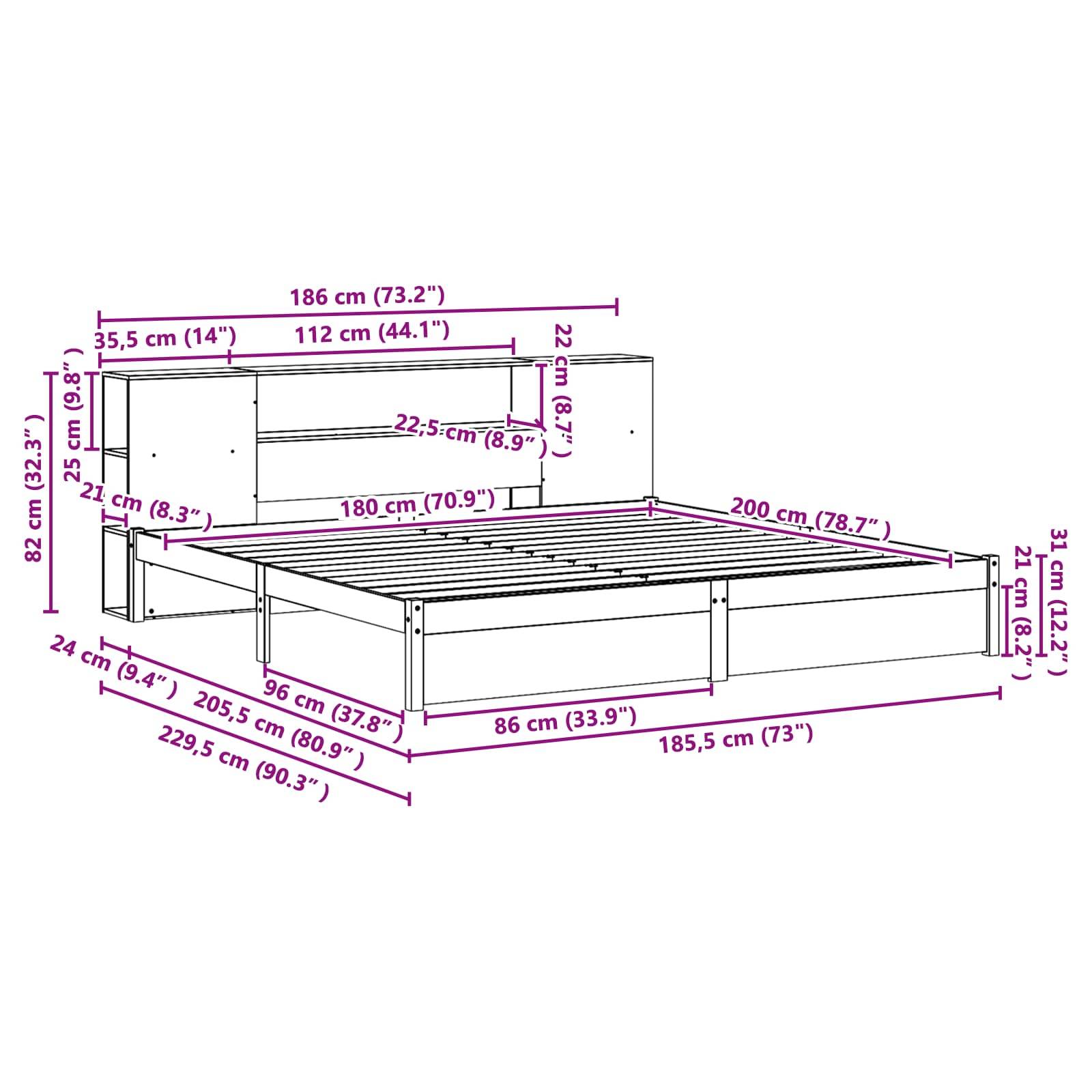 Abmessungen eines Bettes mit Kopfteil und integrierten Regalen: Länge 200 cm (78,7"), Breite 186 cm (73,2""), Höhe 82 cm (32,3"").