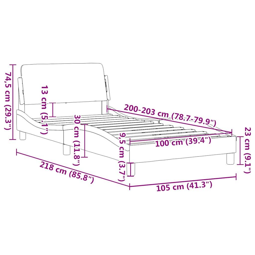 Bettgestell-Abmessungen: Höhe 74,5 cm, Länge 218 cm, Breite 105 cm. Matratzenformat: 200-203 cm mal 100 cm. Gestellhöhe: 13 cm.