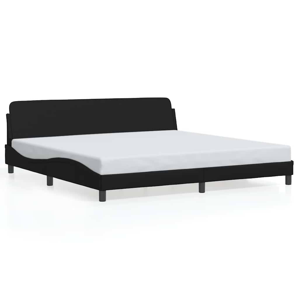 Schwarzes gepolstertes Kingsize-Bettgestell mit niedrigem Kopfteil, modernes Design.