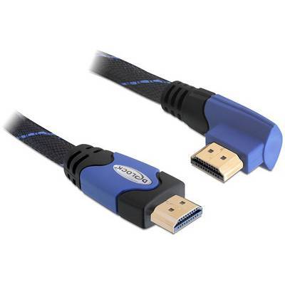 Ein blau und schwarz gestreiftes HDMI-Kabel mit vergoldeten Steckern, an einem Ende abgewinkelt für einfache Verbindung in engen Räumen.