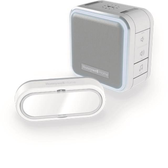 Ein weißes Honeywell Funk-Türklingelsystem mit einem rechteckigen Knopf und einem quadratischen Lautsprecher mit Lautstärke- und Tonreglern.