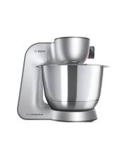 Ein Edelstahl-Standmixer mit einer großen Rührschüssel und einer kleineren Aufsatzvorrichtung oben, entworfen für verschiedene Küchenaufgaben.