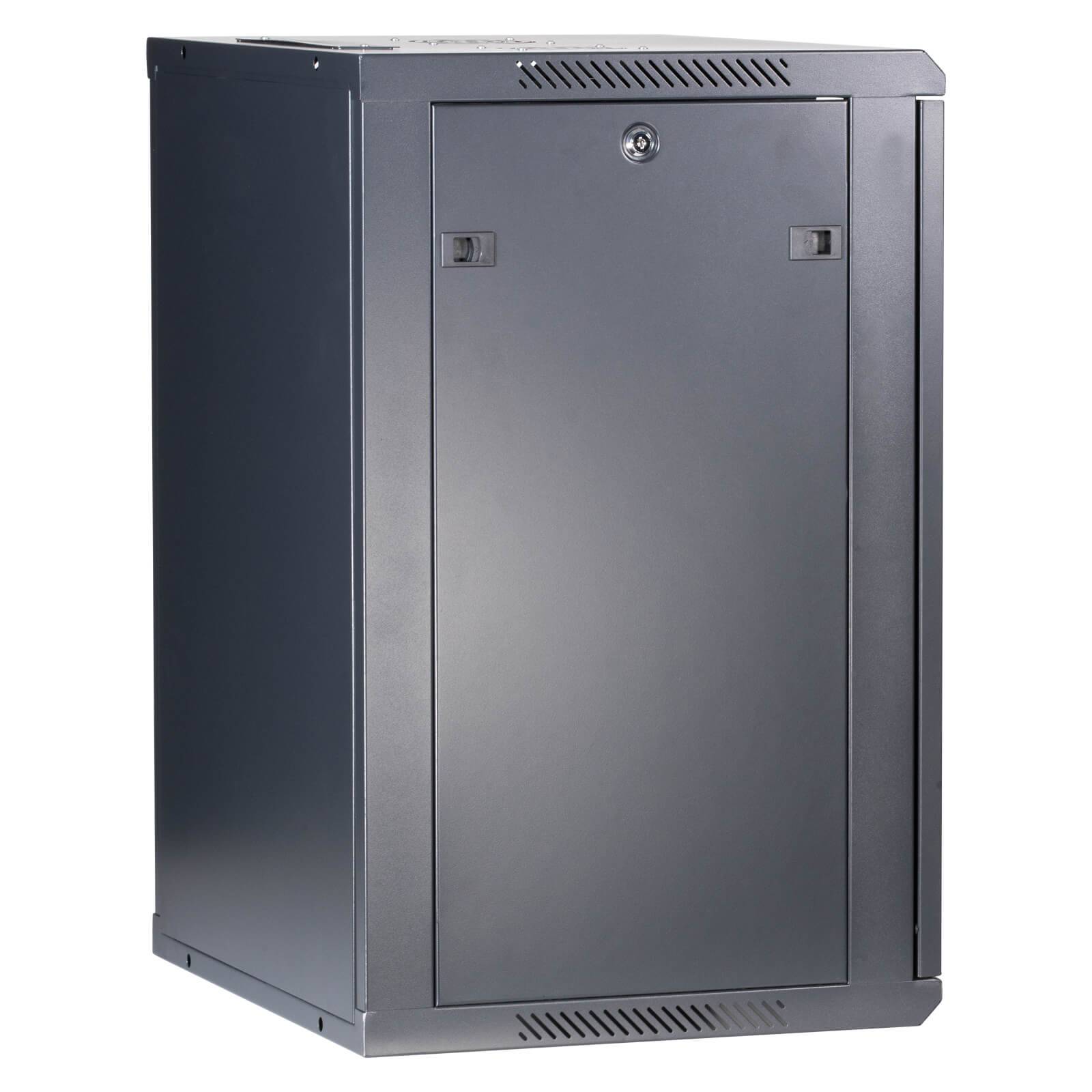 Ein schwarzer, an der Wand montierter Netzwerkschrank mit verschließbarer Fronttür, belüfteten Paneelen für Luftzirkulation und elegantem, industriellem Design.