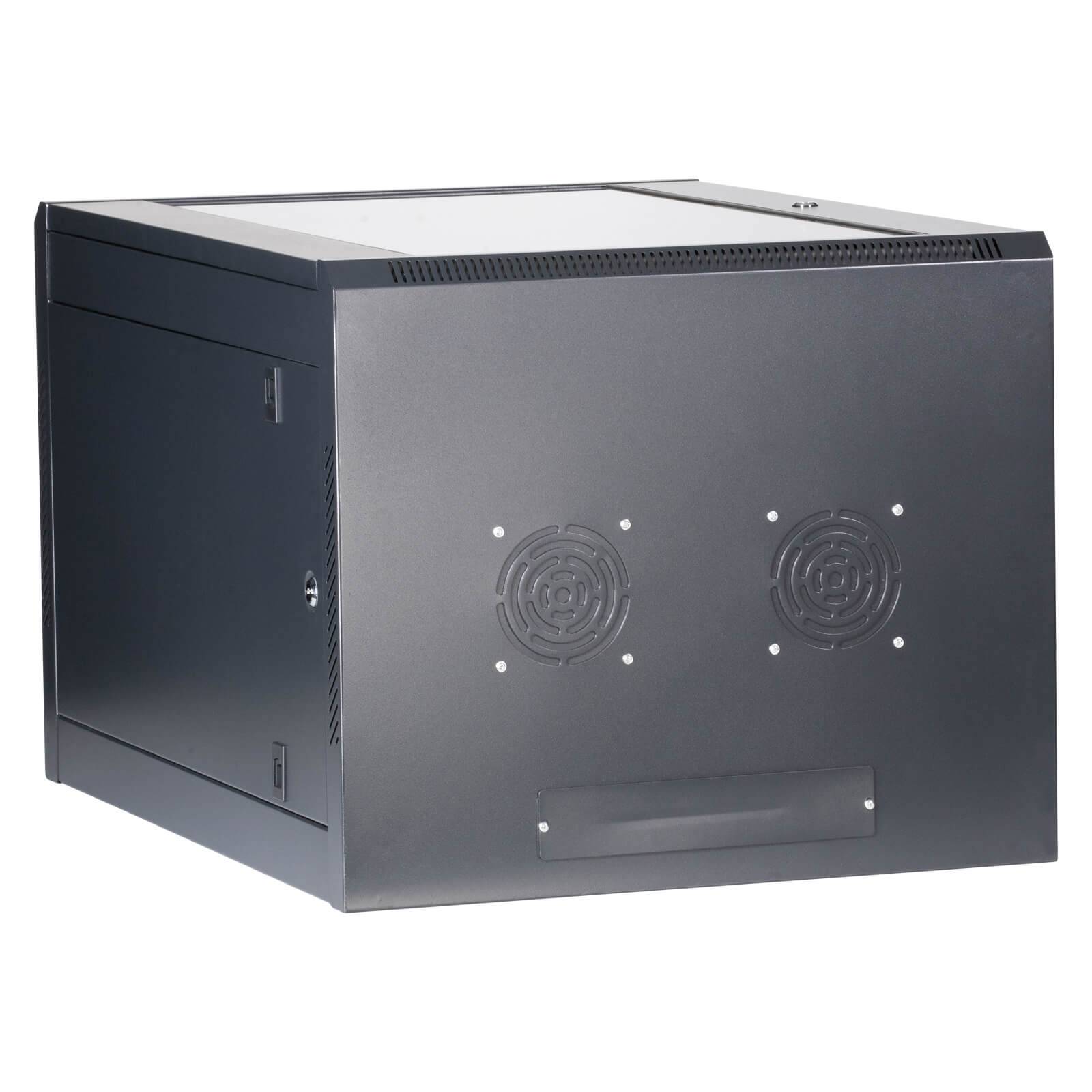 Ein schwarzer, wandmontierter Serverschrank mit Lüftungsventilatoren auf der Frontplatte, konzipiert für die Unterbringung von Netzwerkgeräten.