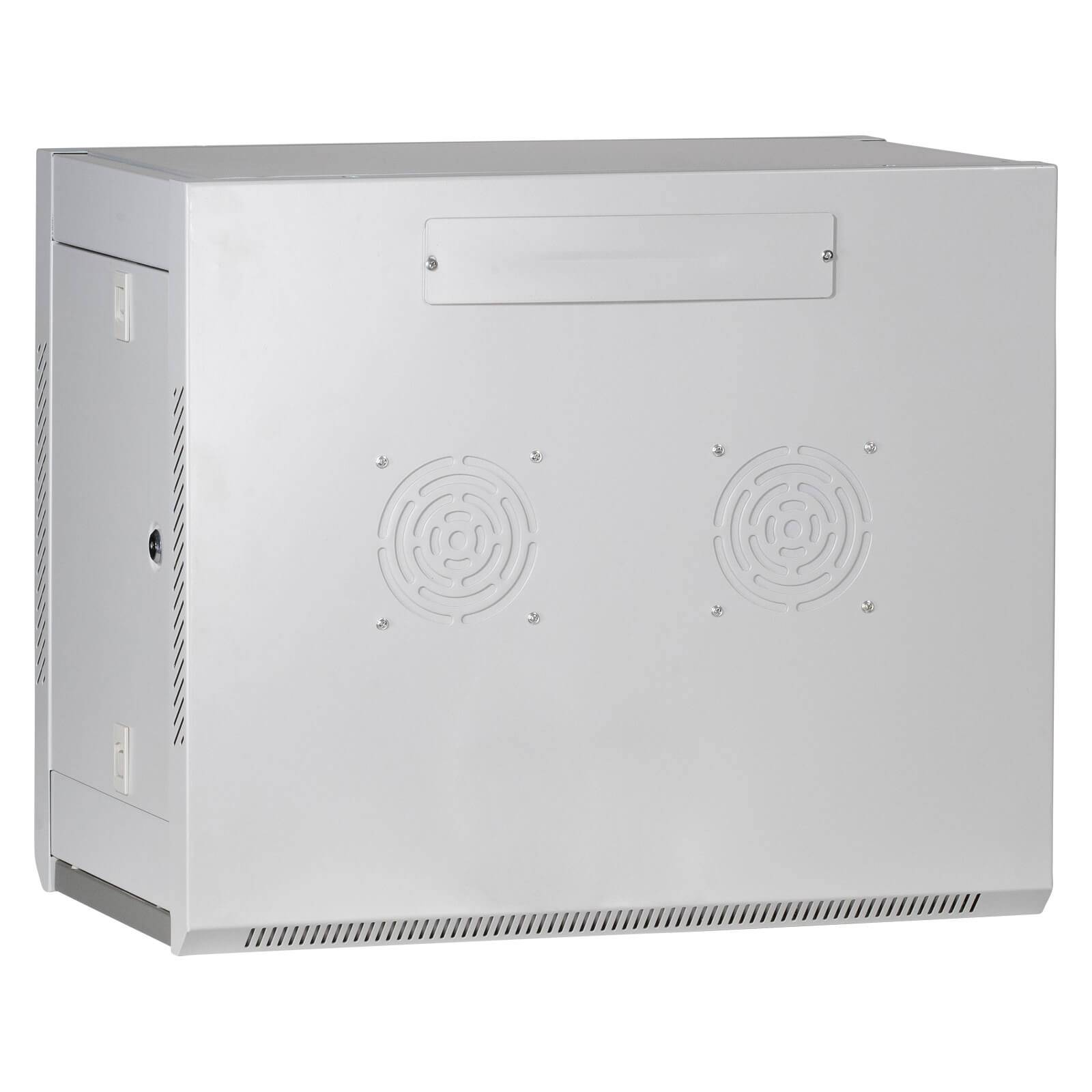 Ein metallenes, im Rack montiertes Gehäuse mit transparenter Tür ist geöffnet und zeigt ein leeres Inneres, das sich für die Unterbringung von elektronischen Geräten eignet.