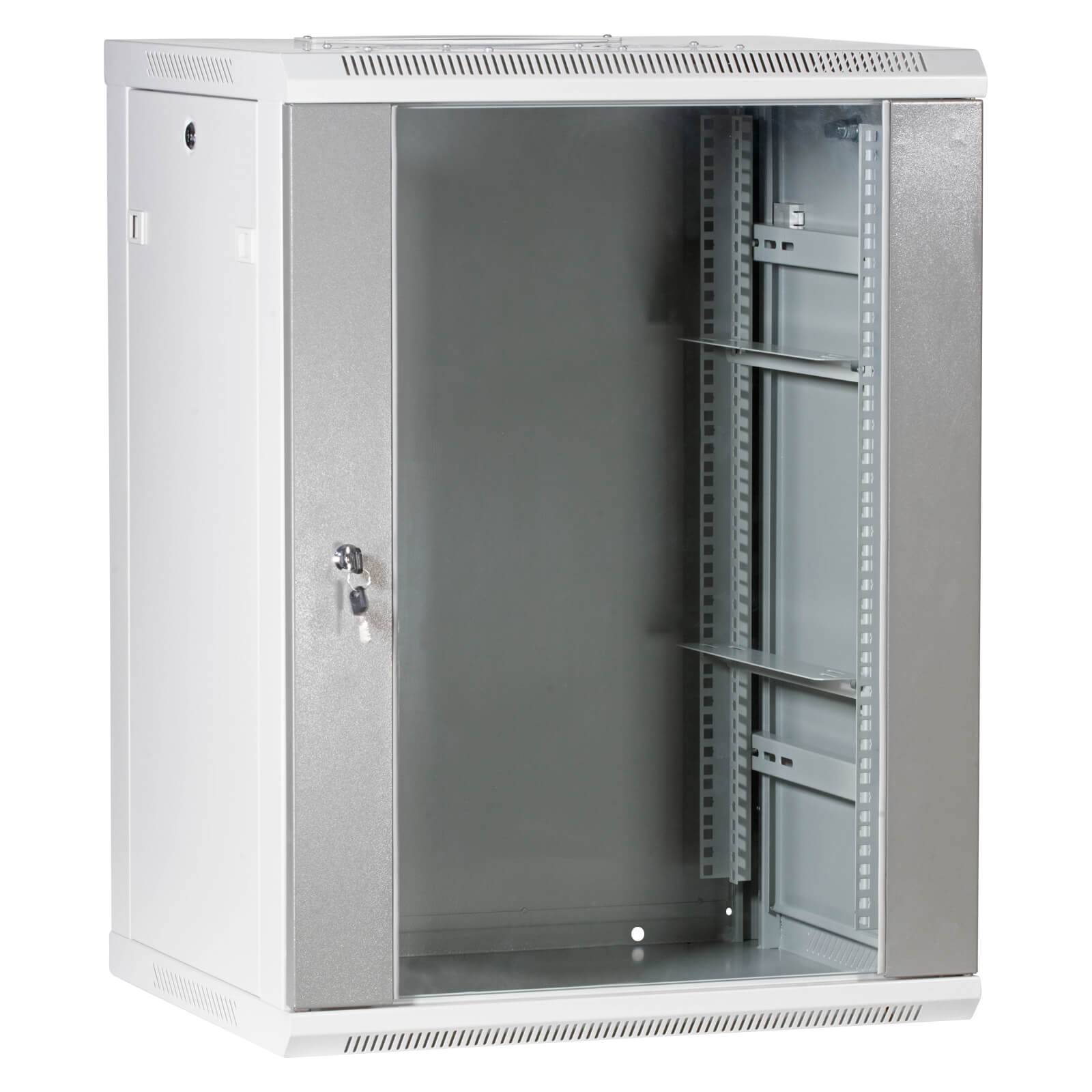 Ein weißer wandmontierter Serverschrank mit Glastür an der Vorderseite, Verschlusshebel und verstellbaren Metallschienen im Inneren für Netzwerkausrüstung.