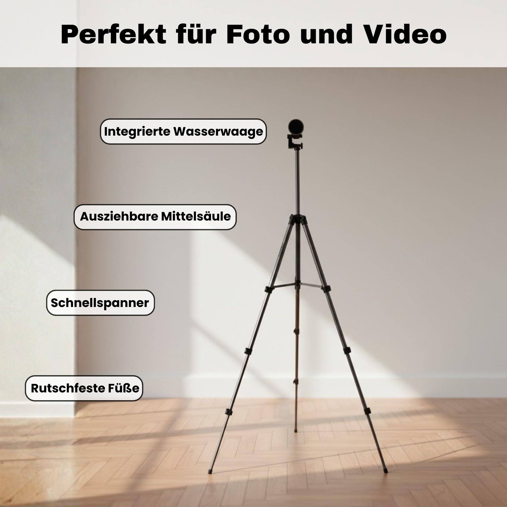 Ein Stativ mit einer Kamera auf der Oberseite steht in einem Raum. Beschriftungen heben Merkmale hervor: 'Integrierte Wasserwaage', 'Ausziehbare Mittelsäule', 'Schnellwechsel', 'Rutschfeste Füße'. Text: 'Perfekt für Foto und Video'.