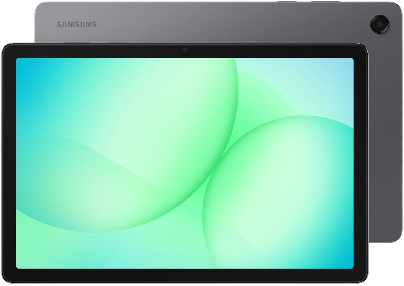 Ein Tablet mit einem Samsung-Logo auf der oberen Kante, das auf seinem Bildschirm einen grünen abstrakten Hintergrund anzeigt.