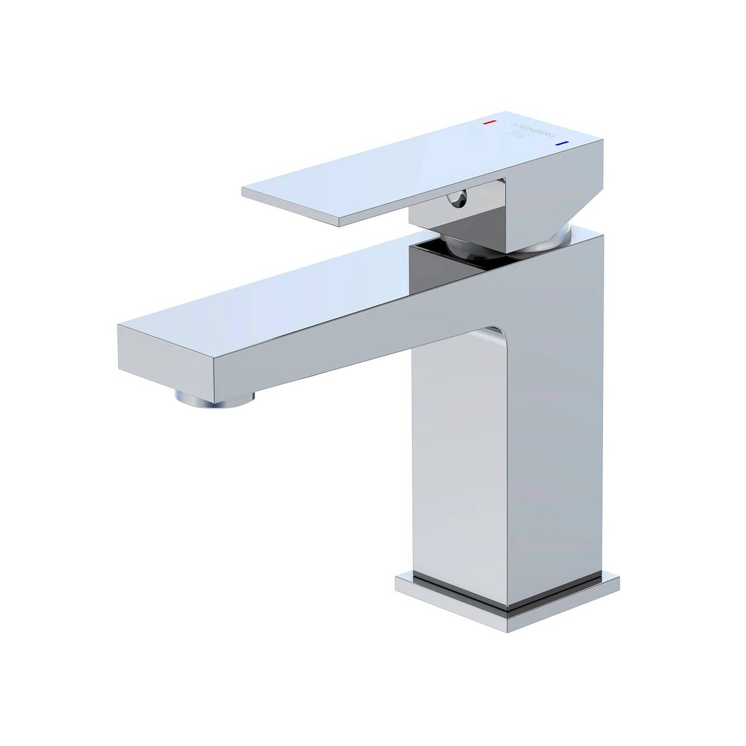 Einhebel-Badezimmerwasserhahn aus Chrom mit flacher Auslaufform und Hebelbedienung auf weißem Hintergrund.