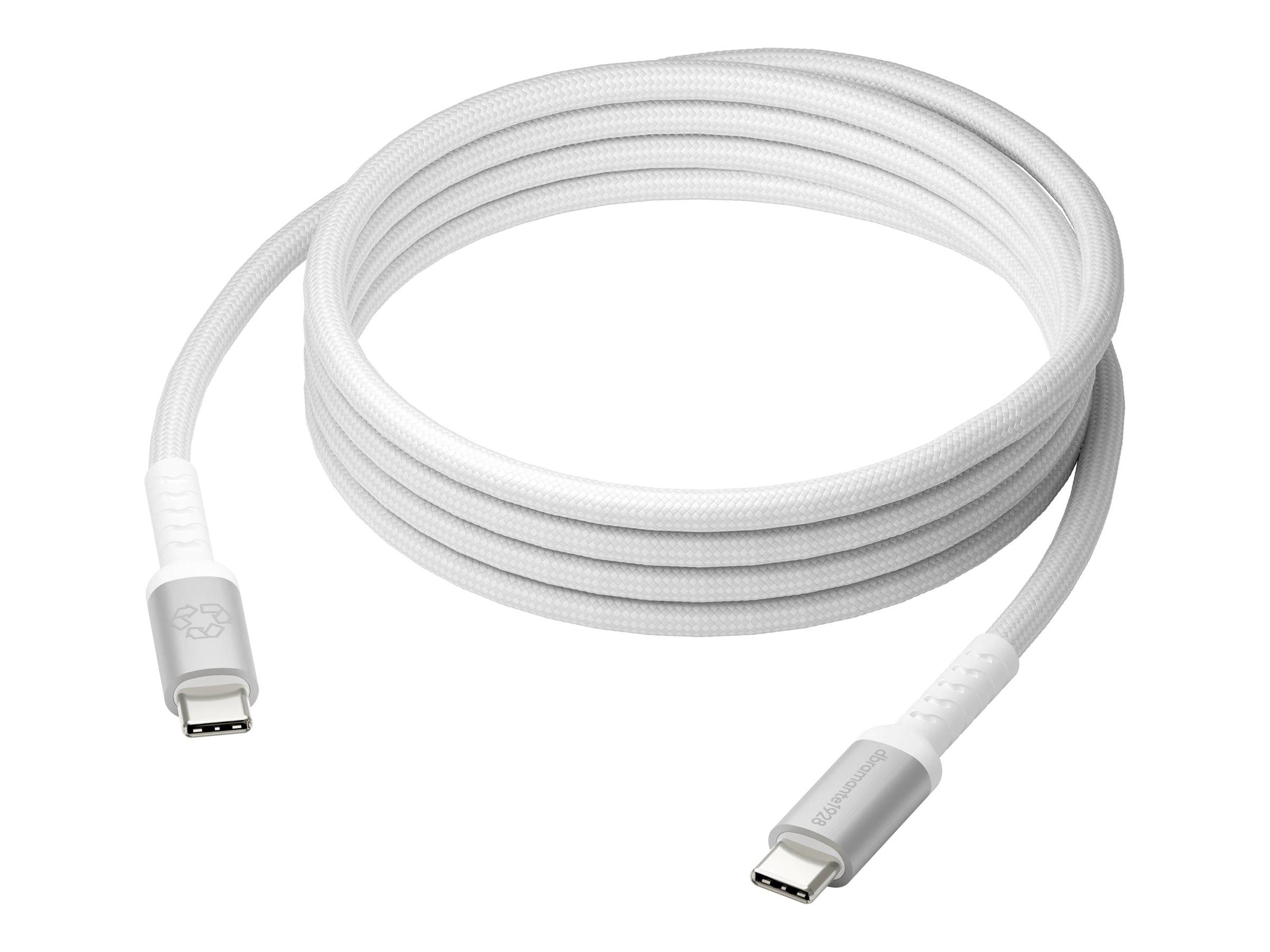 Ein aufgerolltes, weißes USB-C-Ladekabel mit Steckern an jedem Ende, entwickelt für hochgeschwindigkeitsfähige Datenübertragung und Gerätebatterie-Aufladung.
