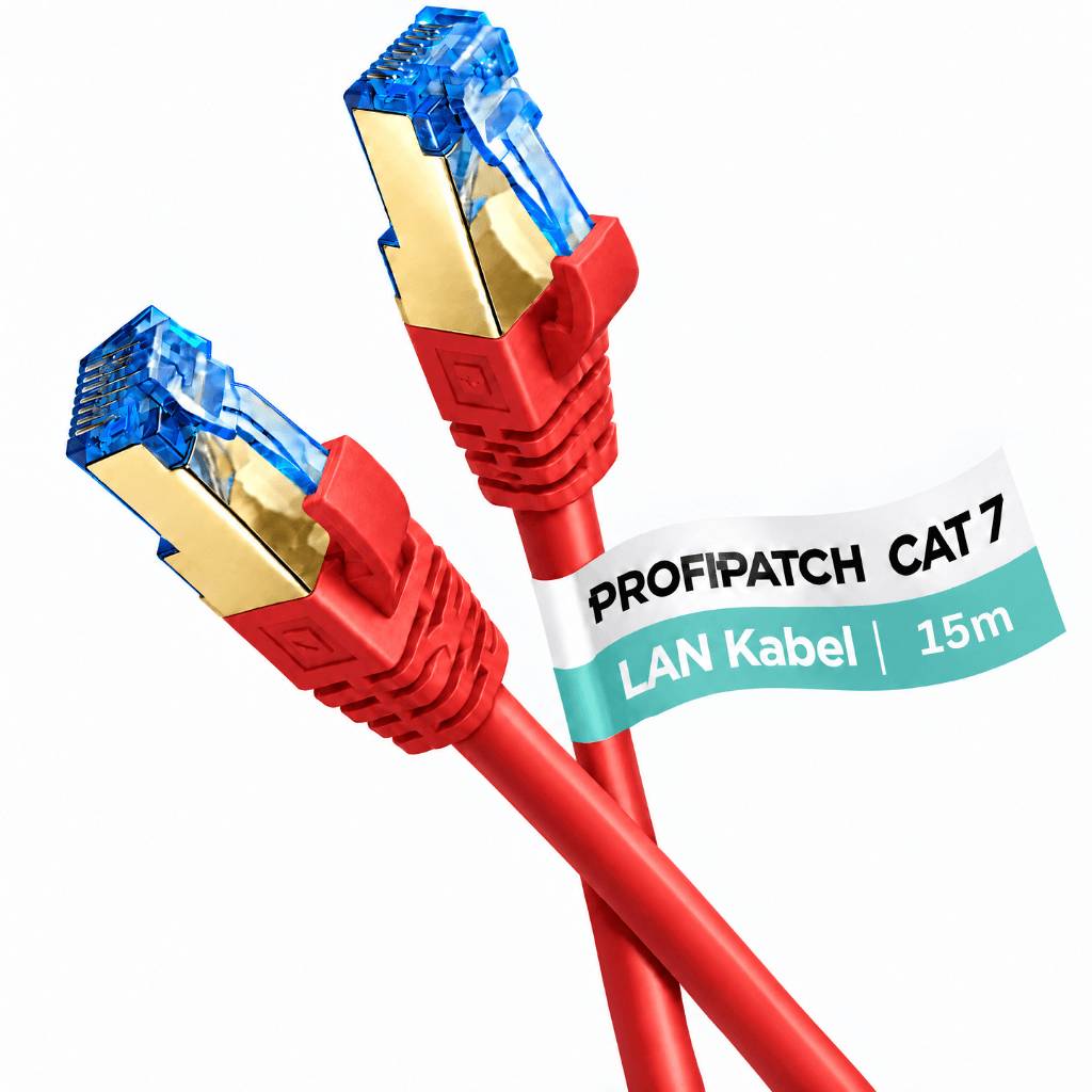 Zwei rote Ethernet-Kabelstecker an einem roten CAT7-LAN-Kabel, beschriftet mit „PROFIPATCH CAT7“ und „LAN Kabel | 15m“.