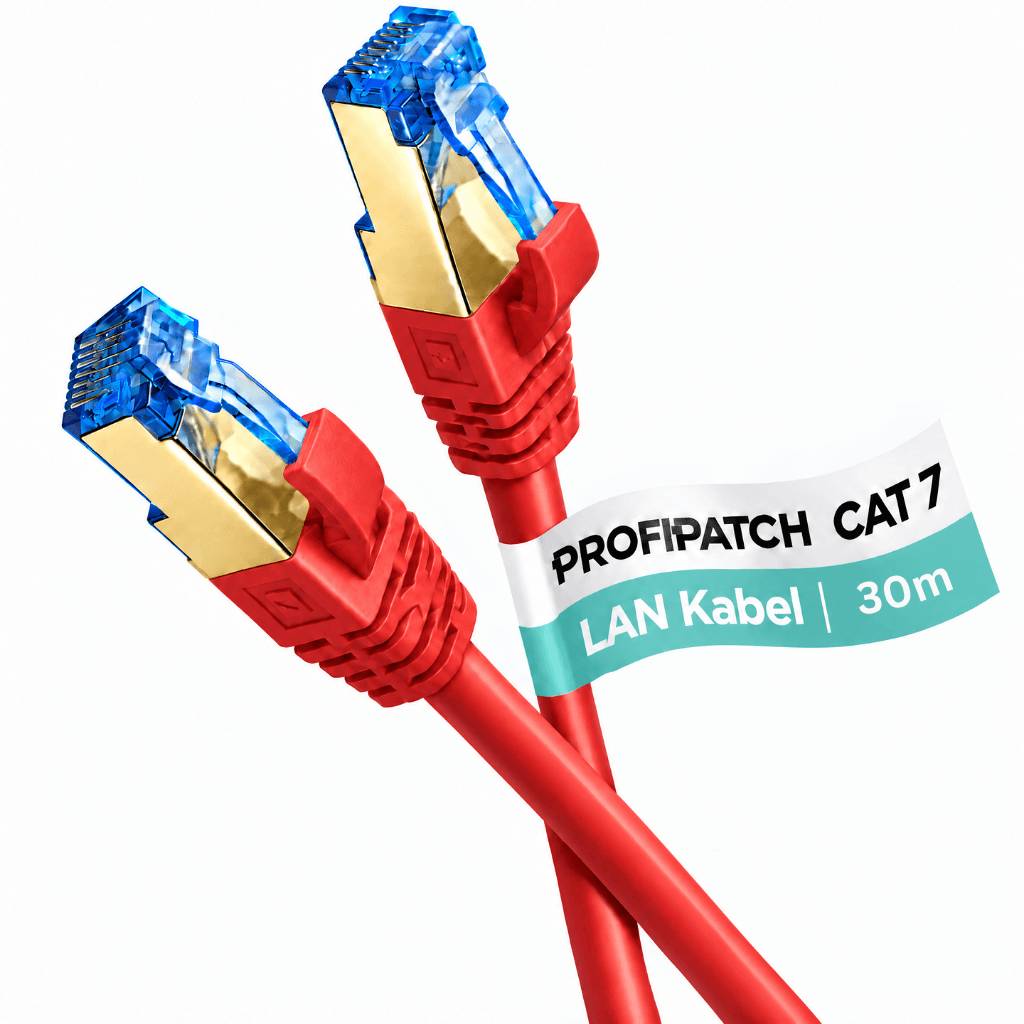 Rotes Cat7-Ethernet-Patchkabel mit zwei blauen RJ45-Steckern, beschriftet mit „PROFIPATCH CAT7 LAN Kabel 30m