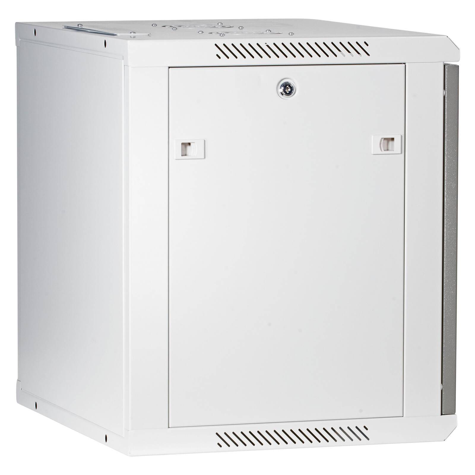Ein weißer Metallschrank mit verschließbarer Tür, entwickelt für sichere Lagerung, mit Belüftungsschlitzen an den Seiten und oben.