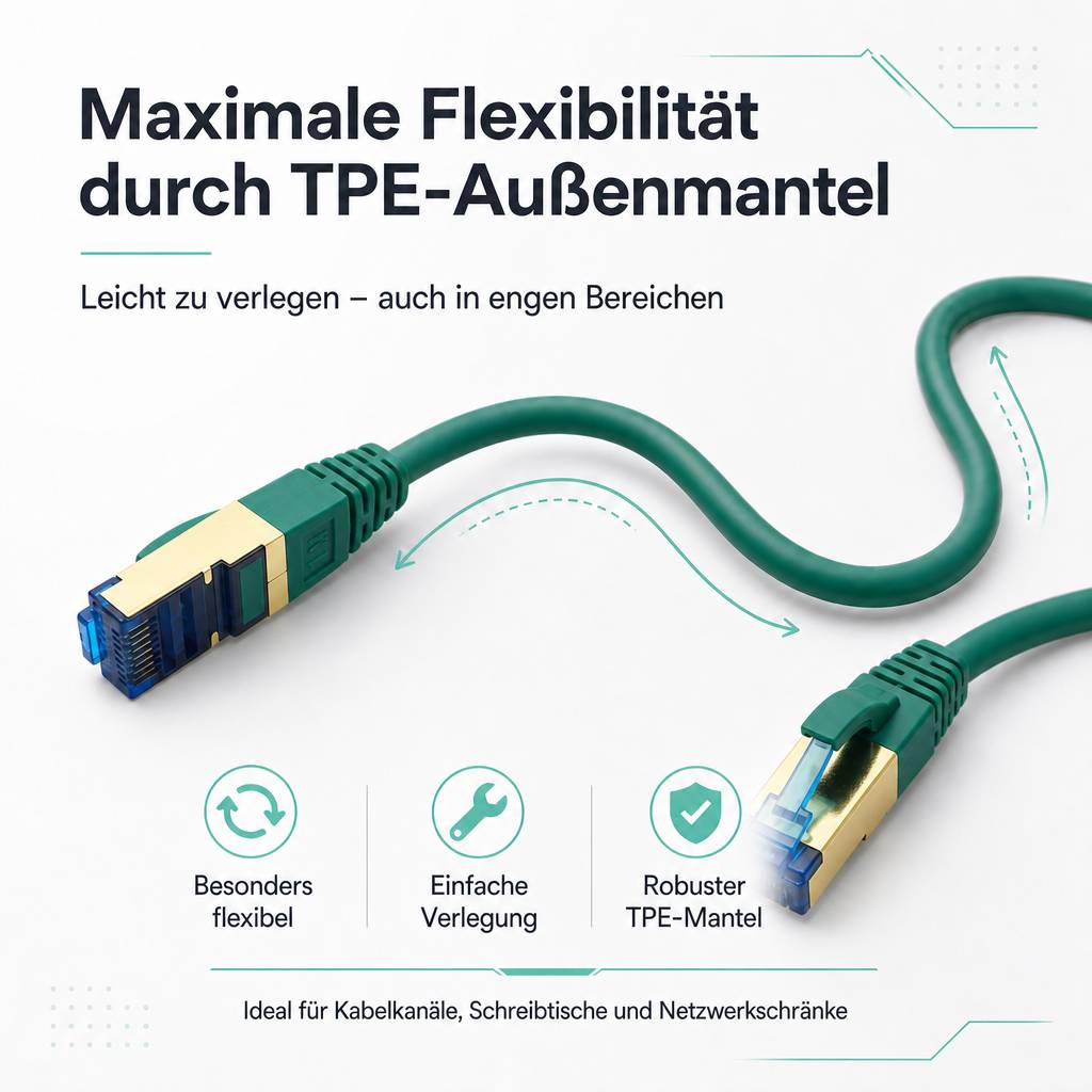 Advertising image of a green Ethernet cable with highly flexible TPE outer sheath, labeled 'Maximum flexibility through TPE outer sheath' and 'Easy to install – even in tight spaces'; icons emphasize flexibility, easy installation, and durable sheath.