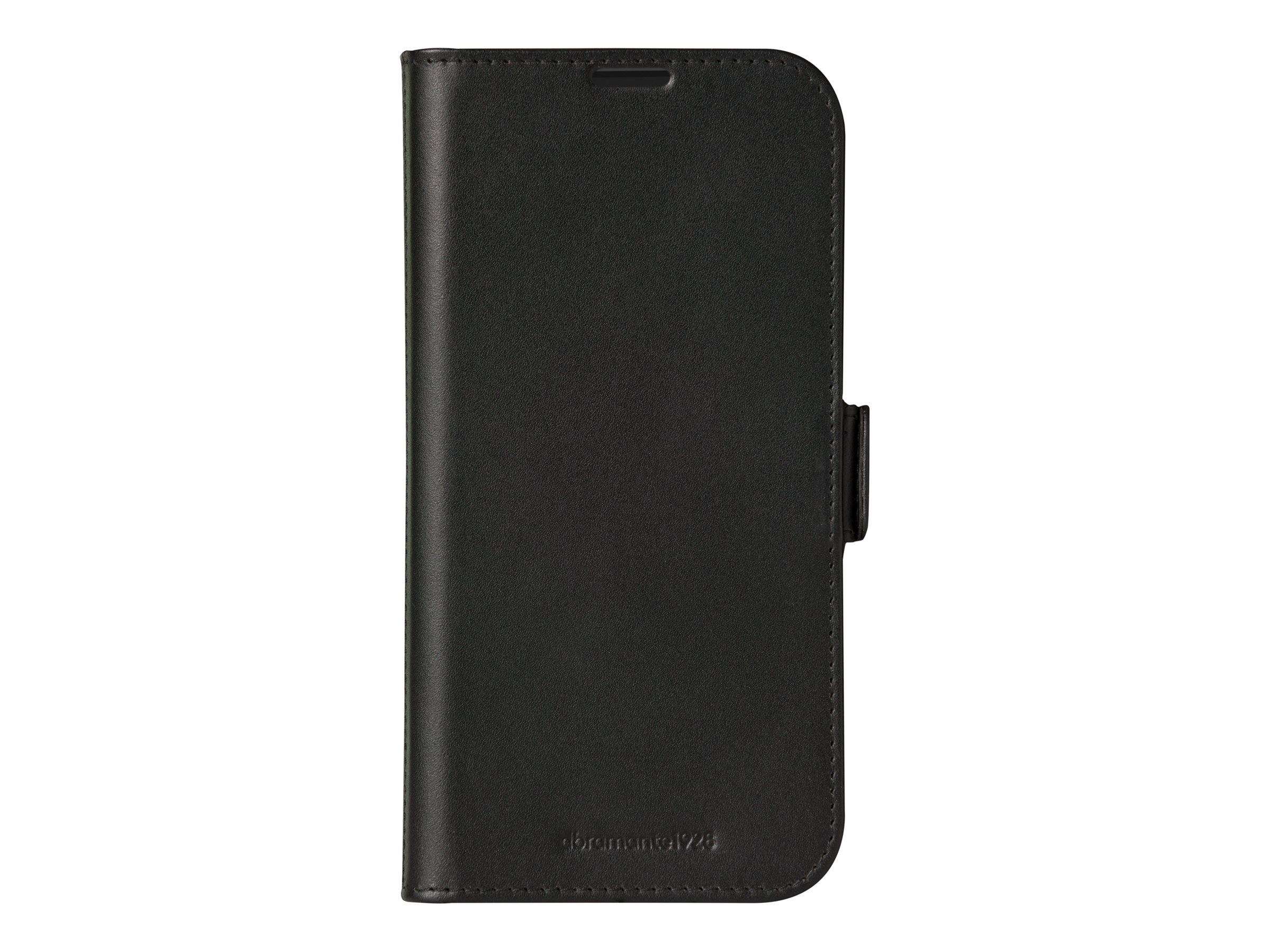 Eine schwarze Ledertelefonhülle mit einer Klappenabdeckung, die eine kleine Magnetverschluss an der Seite für sichere Verschließung aufweist.