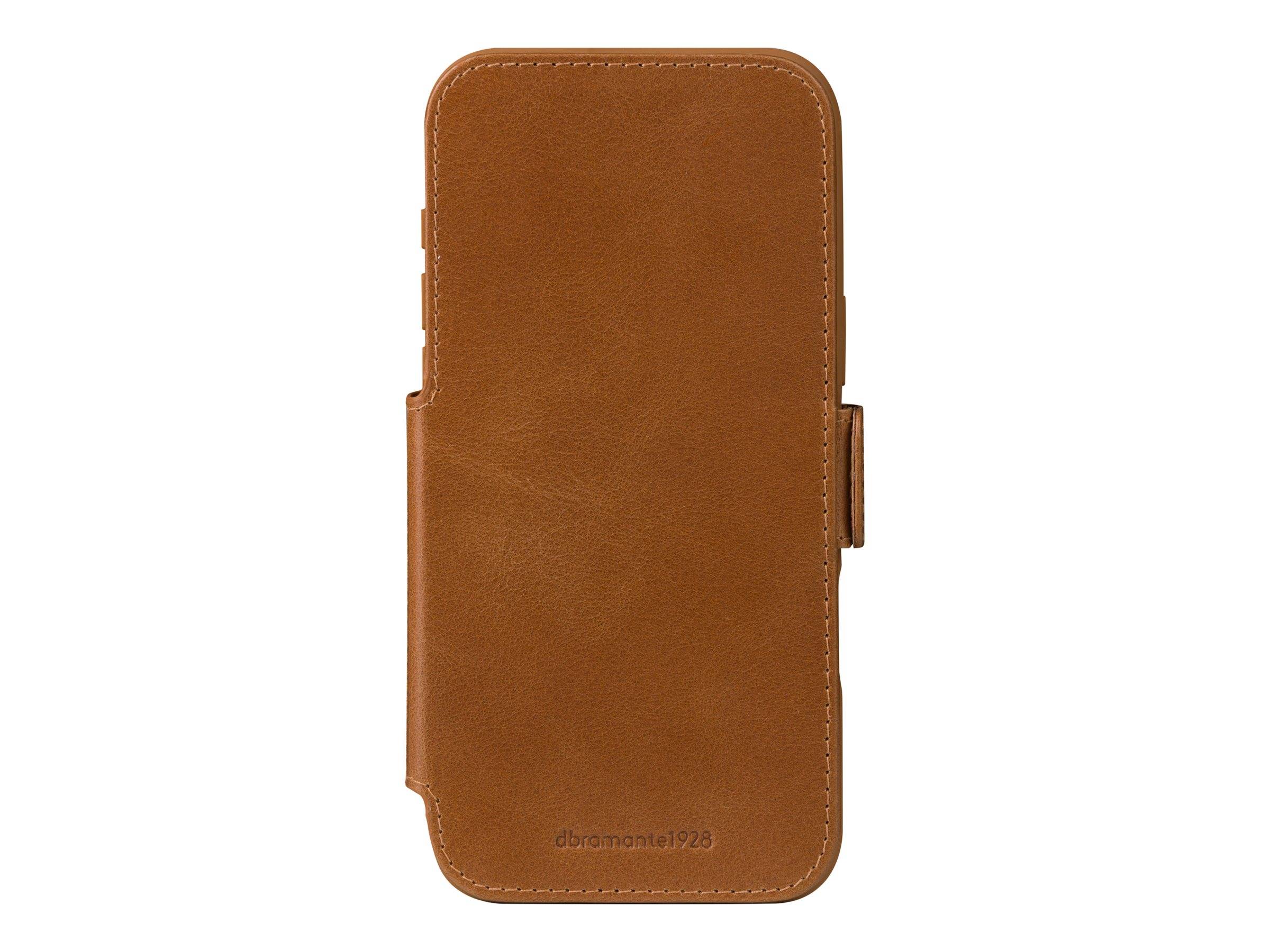 Ein braunes Ledertelefontui, geschlossen, mit einem subtil geprägten Markennamen in der Nähe des unteren Endes.