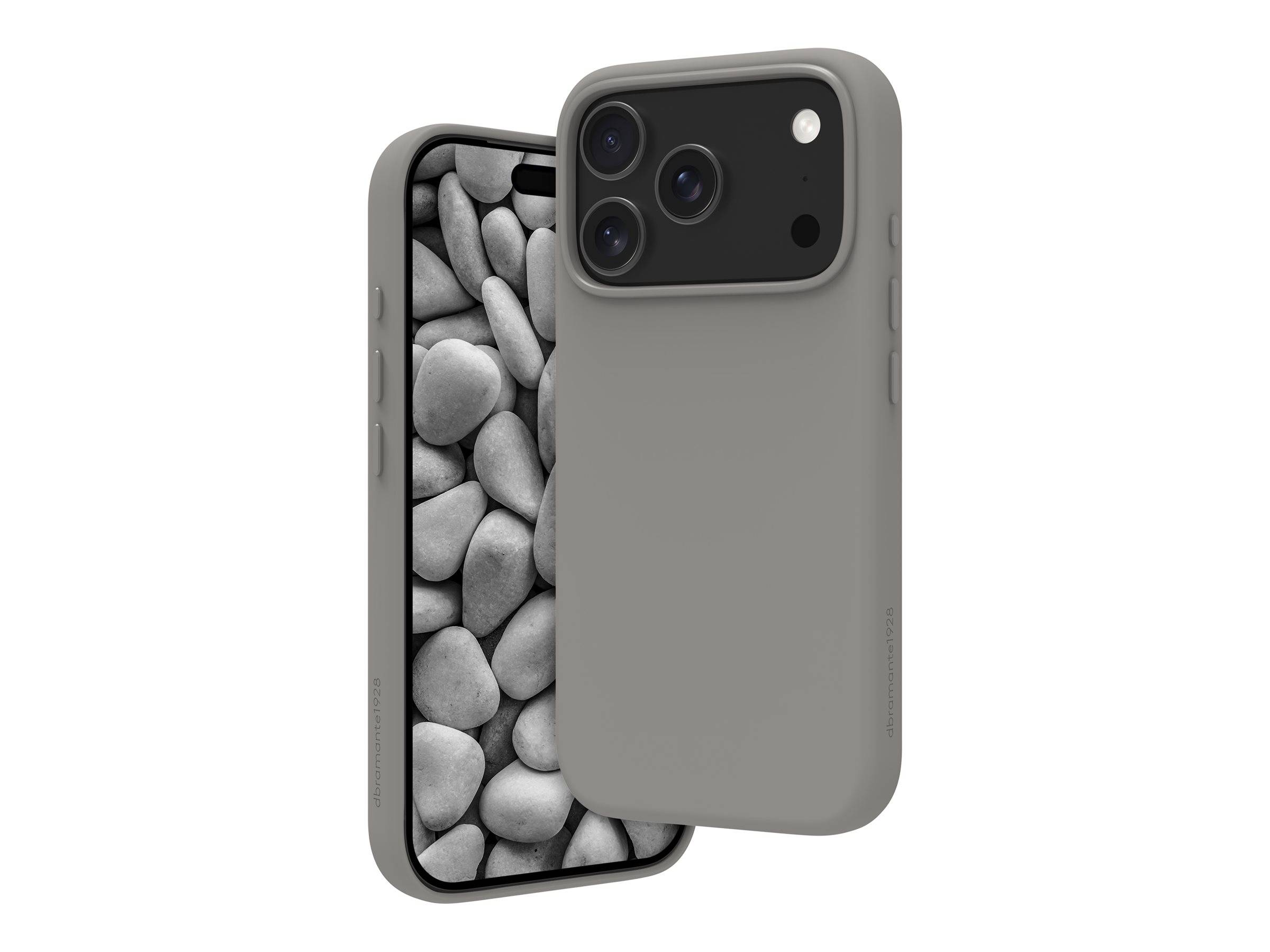 Ein Smartphone mit grauem Gehäuse wird vertikal und horizontal angezeigt und zeigt ein Kieselmuster auf dem Bildschirm und drei rückseitige Kameras.