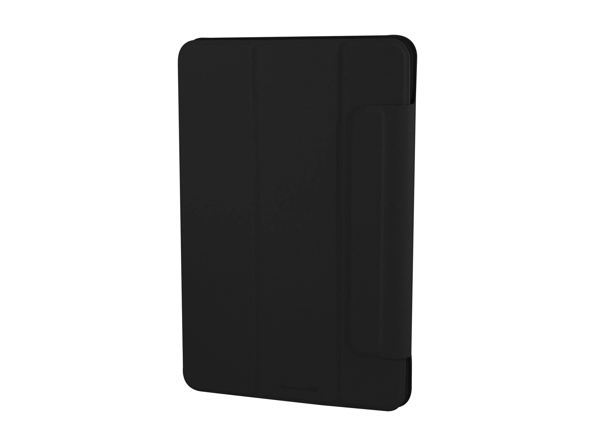 Eine schwarze Tablet-Schutzhülle mit elegantem Design, ausgestattet mit einer Vorderabdeckung und schützenden Kanten, geeignet für ein Standard-Tablet.