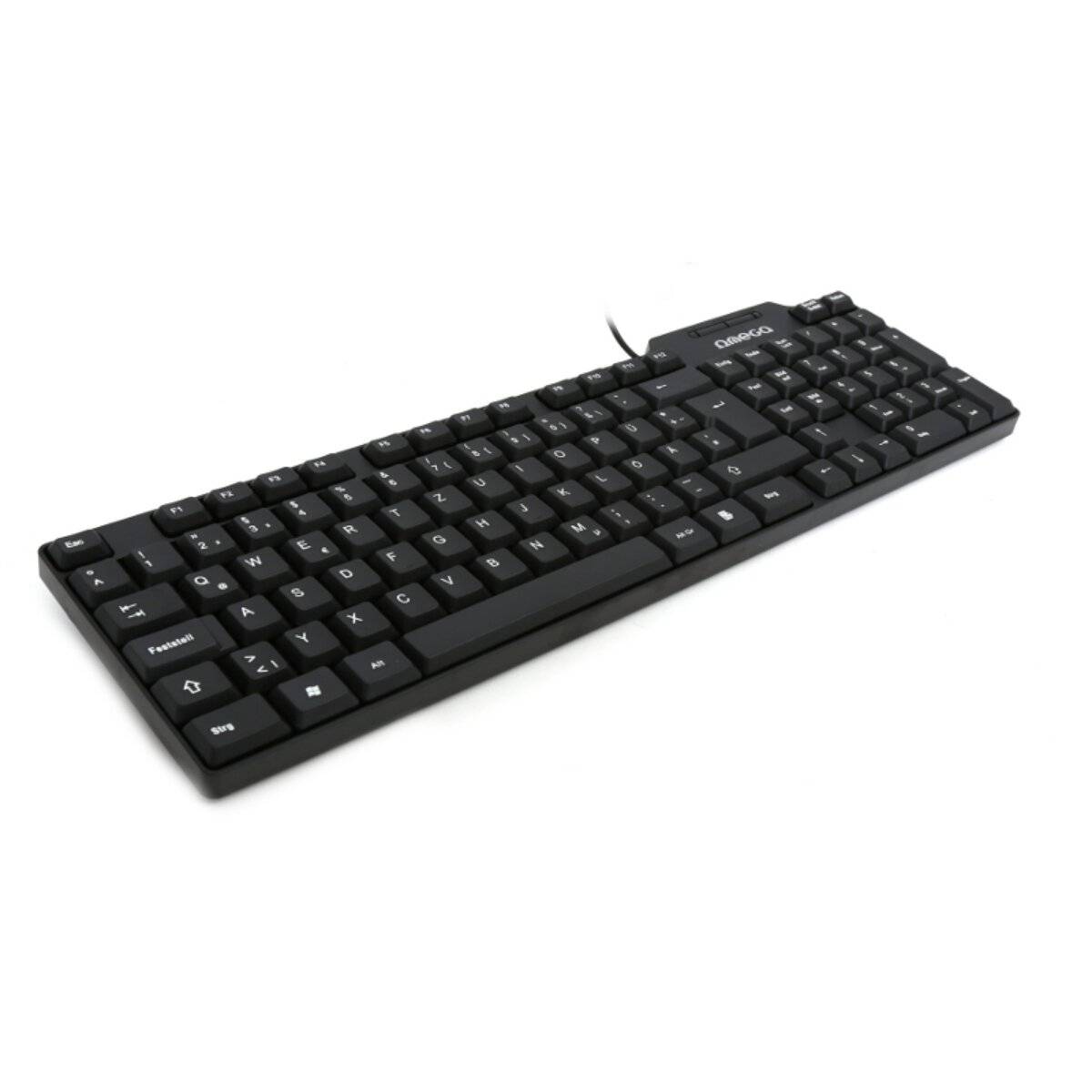 Eine schwarze kabelgebundene Tastatur aus einem leichten Winkel betrachtet, die ein Standard-QWERTY-Layout mit zusätzlichen Funktionstasten zeigt.