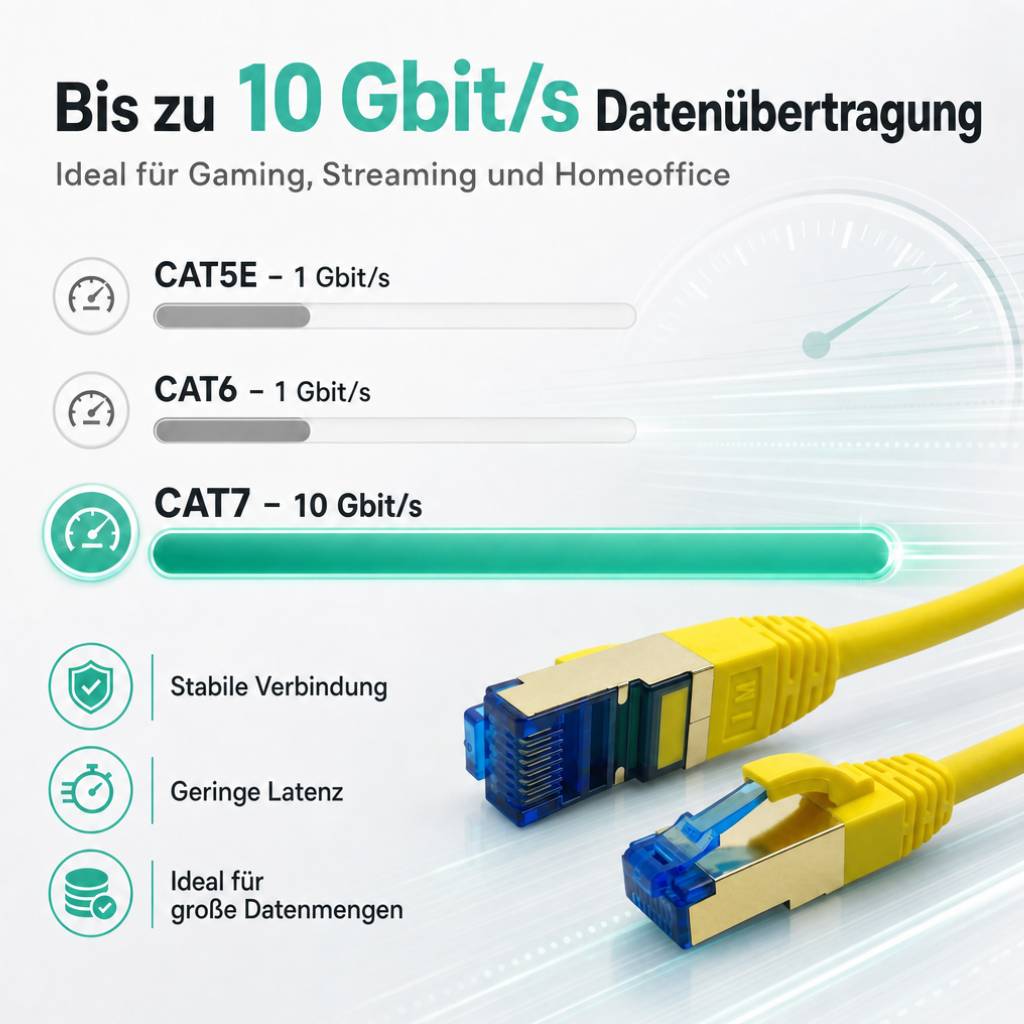 Grafik zum Vergleich von deutschen Netzwerkkabeln: CAT5e und CAT6 bis zu 1 Gbit/s, CAT7 bis zu 10 Gbit/s, mit stabiler Verbindung, niedriger Latenz und Vorteilen bei der Übertragung großer Datenmengen.