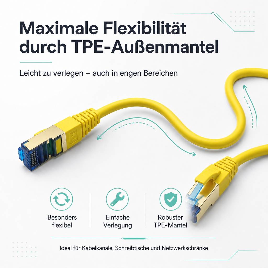 Werbeabbildung eines gelben Ethernetkabels mit dem Text „Maximale Flexibilität durch TPE-Außenmantel" und Symbolen für flexible, einfache Verlegung und robusten Mantel.