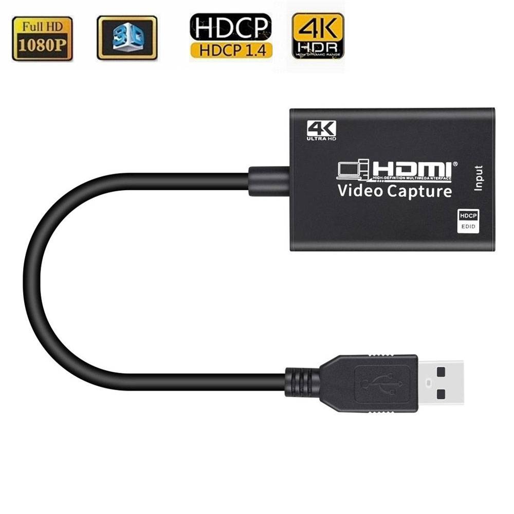 4K-HDMI-Videoaufnahmegerät mit USB-Anschluss, gekennzeichnet für Full HD 1080P und 4K HDR, unterstützt HDCP 1.4 für Videoaufnahmen.