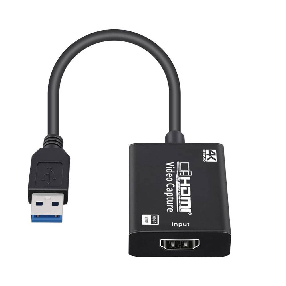 Schwarze HDMI-Videograbber-Karte mit USB-3.0-Anschluss und HDMI-Eingang zur Aufnahme, gekennzeichnet mit 4K und HD.