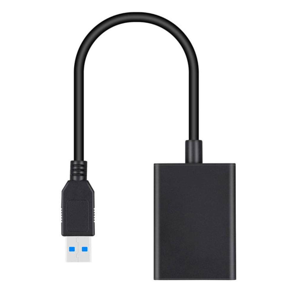 Ein schwarzer USB-zu-HDMI-Adapter mit einem kurzen Kabel, mit einem USB-Stecker auf einer Seite und einem HDMI-Anschluss auf der anderen Seite.