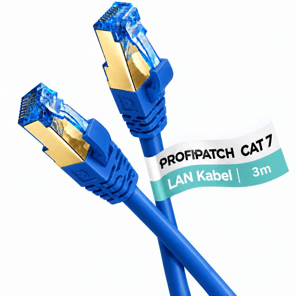 Blaues CAT7-Ethernet-Patchkabel mit zwei RJ45-Steckern und Etikett mit der Aufschrift 