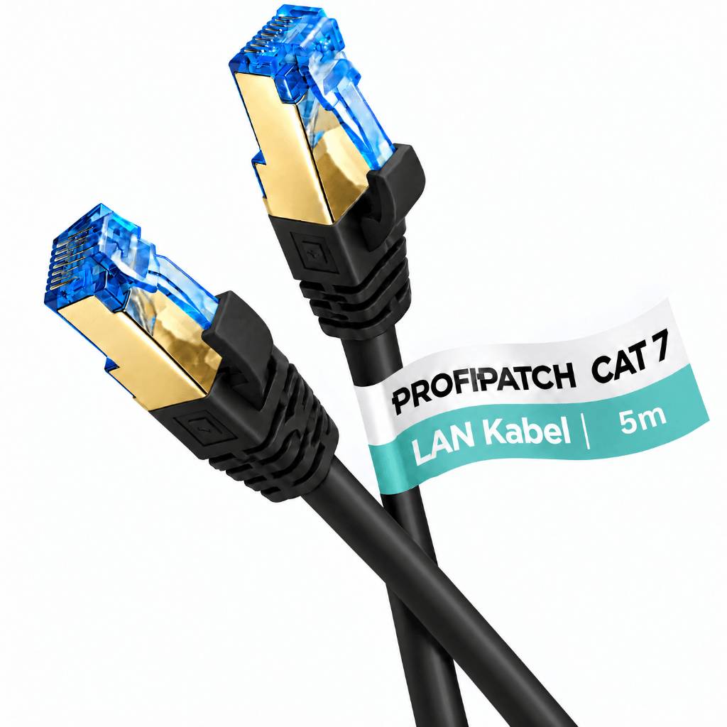 Schwarzes CAT7-Ethernet-Patchkabel mit zwei blauen RJ45-Steckern und Beschriftung „PROFIPATCH CAT7 LAN Kabel 5m