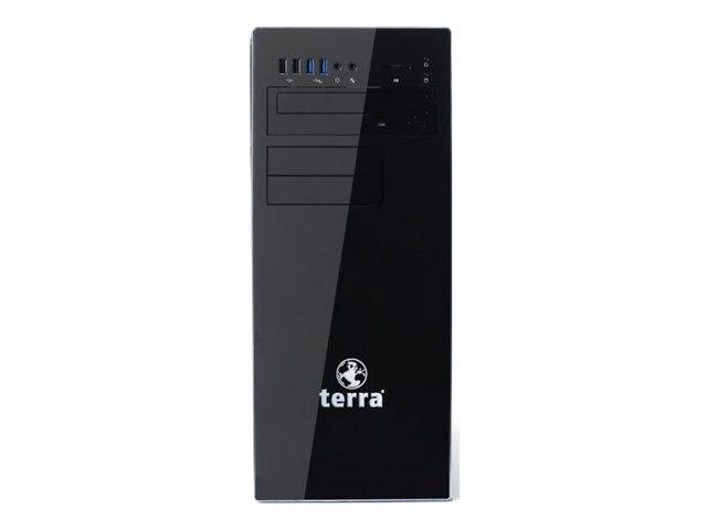 Schwarzer Desktop-Computertower mit mehreren USB-Anschlüssen an der Vorderseite und dem Logo „terra