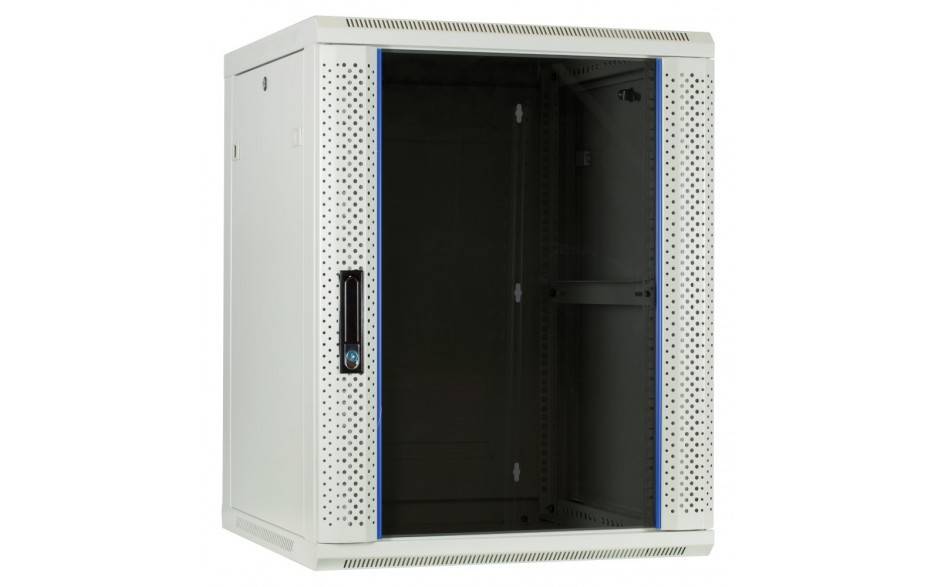 Ein schwarzer, an der Wand montierter 19-Zoll-Serverschrank mit Glastür, gekennzeichnet mit „Kompakt
