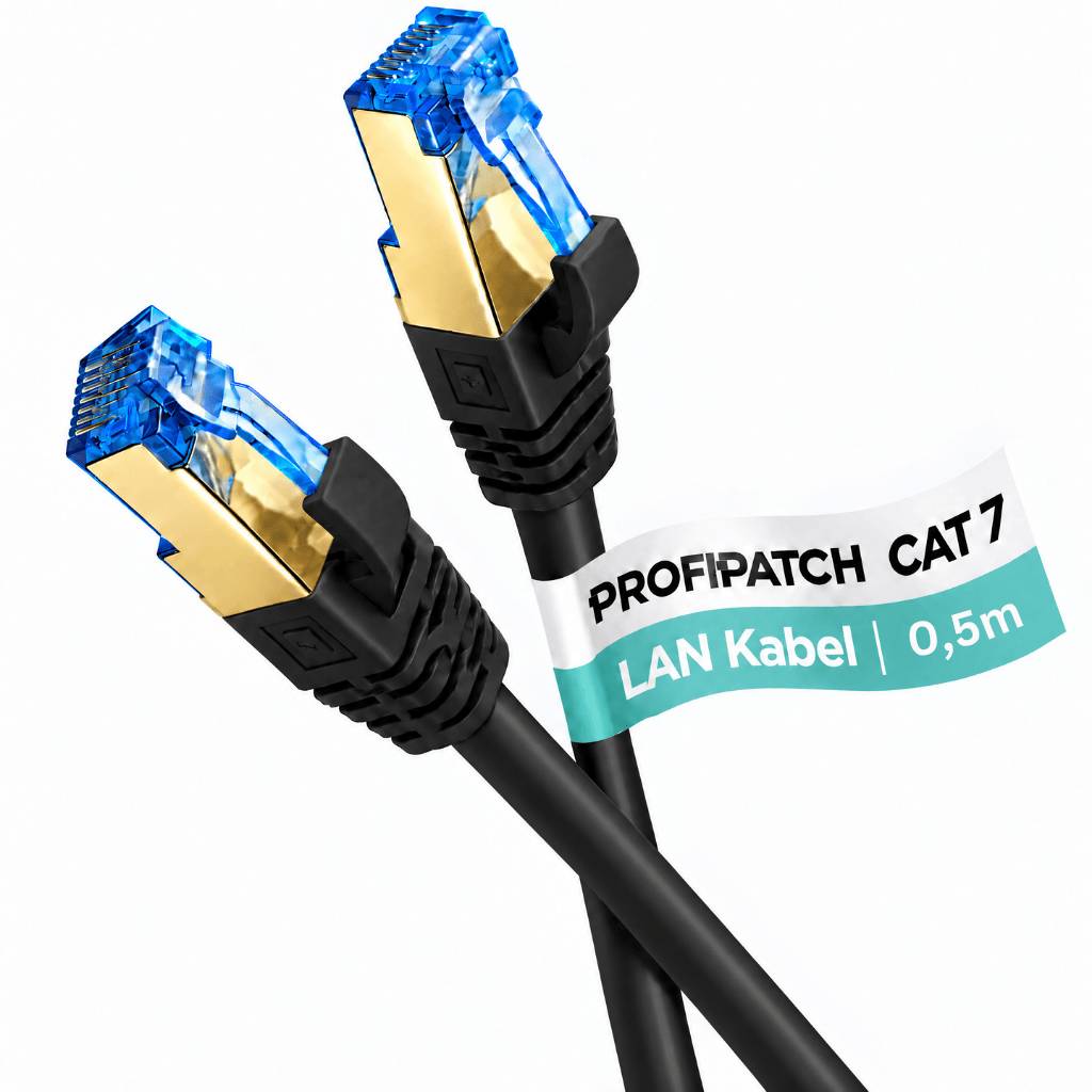 Zwei schwarze Ethernet-Kabelstecker mit blauen Steckverbindern und einem Etikett mit der Aufschrift „PROFIPATCH CAT7 LAN Kabel | 0,5m