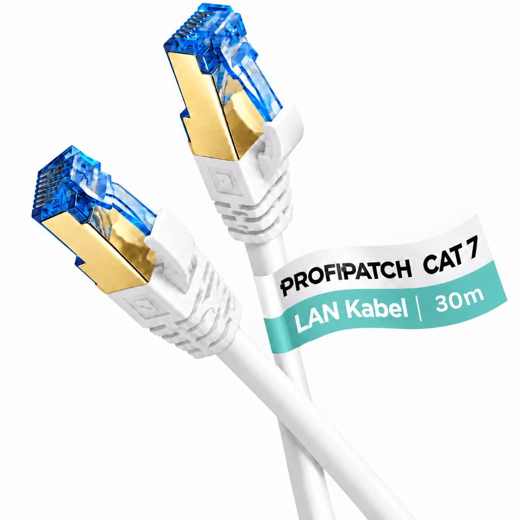 Weißes Cat7-Ethernet-Kabel mit zwei blauen RJ45-Steckern und Etikett „PROFIPATCH CAT7 LAN Kabel 30m
